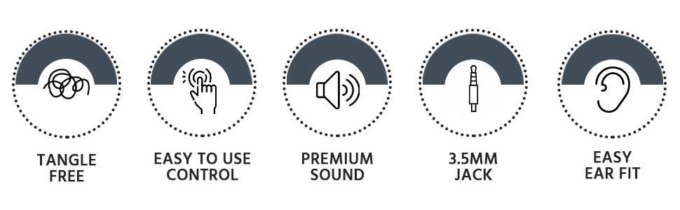 Tangle free, easy to use, premium sound, 3.5mm jack, easy ear fit