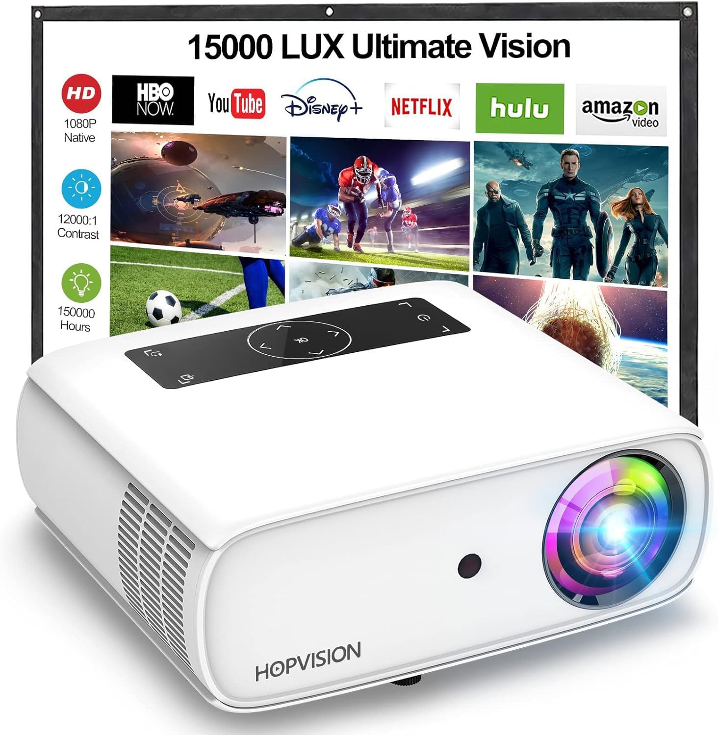 Native 1080P Full HD Projector 15000Lux Brightness 150000 Hr LED 350" Display Outdoor Home Use