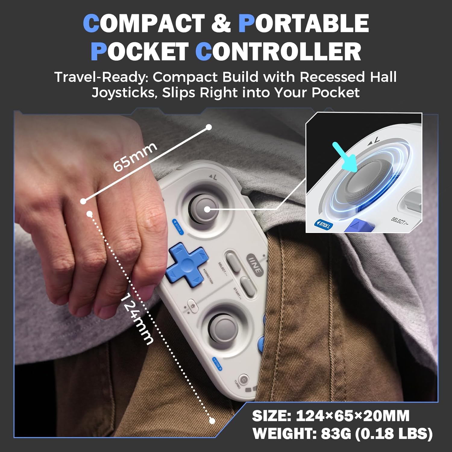 IINE Retro Pocket Wireless Game Controller Grey 1000Hz Polling Rate Hall Effect Joysticks - Image 4