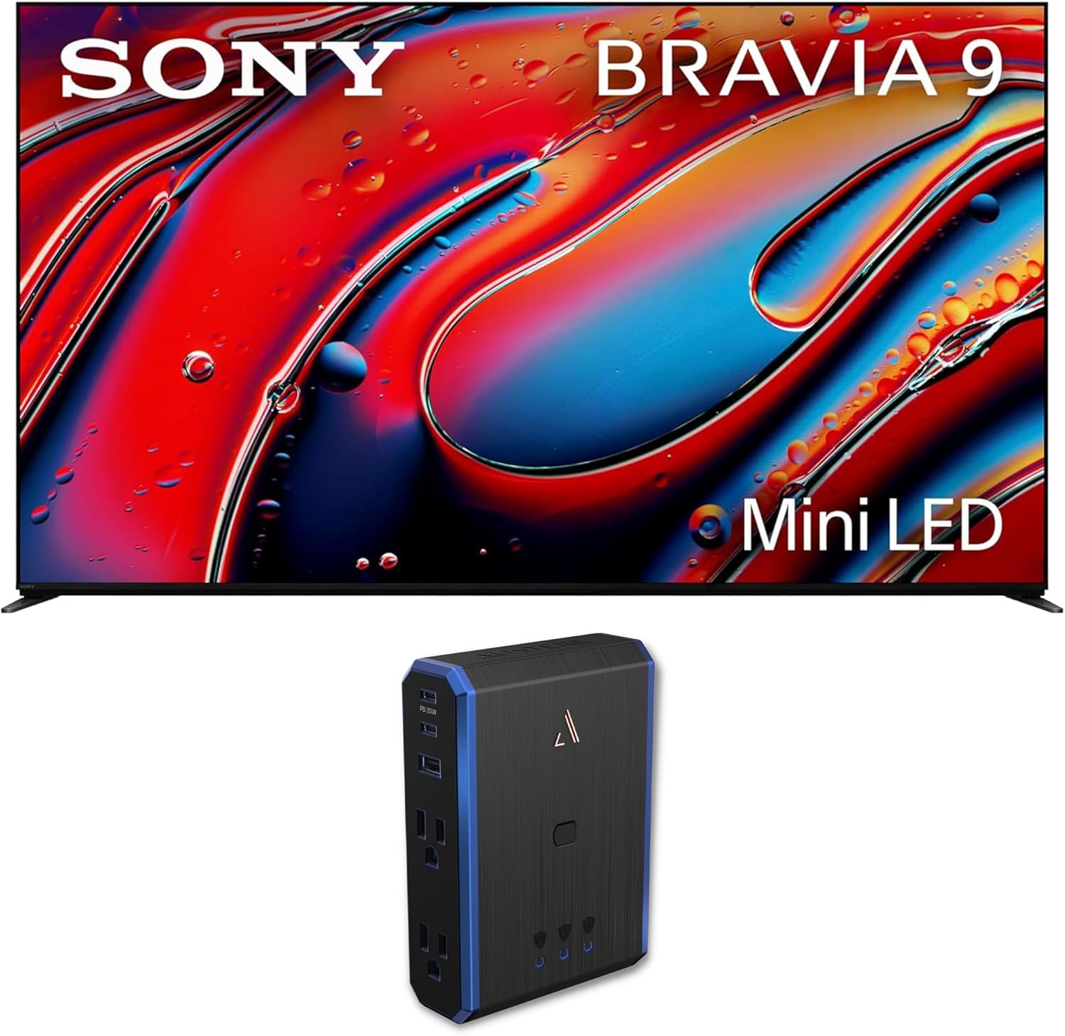 Sony 65 Inch XR90 Series Bravia Mini LED HDR QLED 4K Google TV with Austere 4-Outlet Power Omniport USB (New 2024)