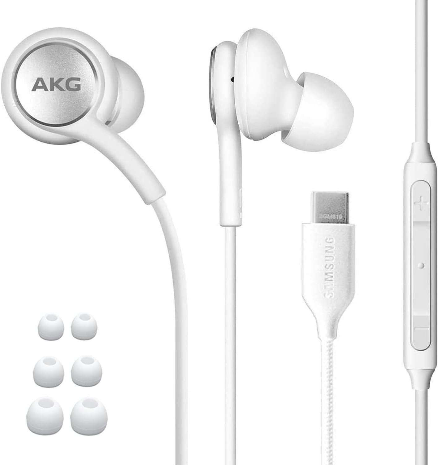 AKG Designed White Braided Cable USB C Earbuds with Mic for Samsung Galaxy S21 S10 S9