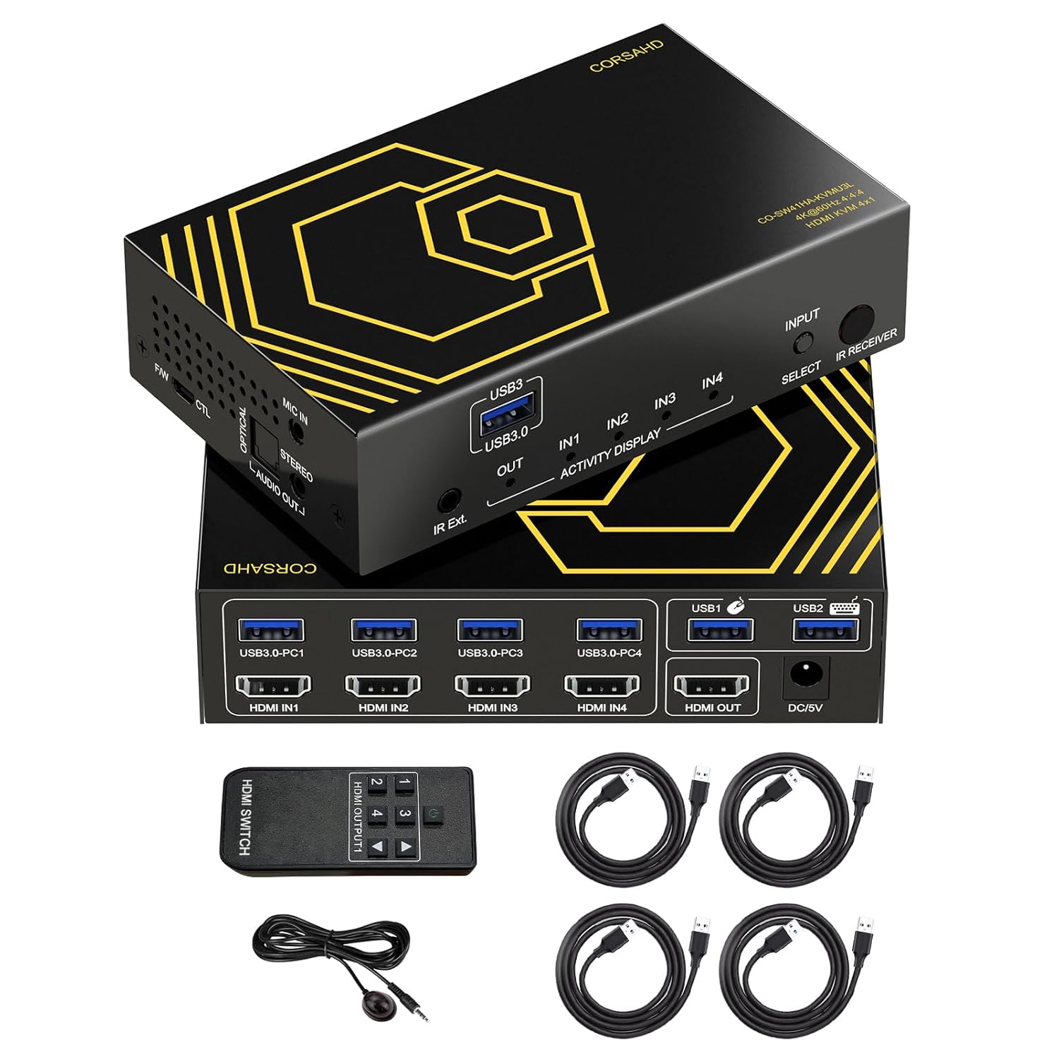 4-Port 4K@60Hz HDMI KVM Switch with USB 3.0, IR Remote, and SPDIF Audio for 4 Computers