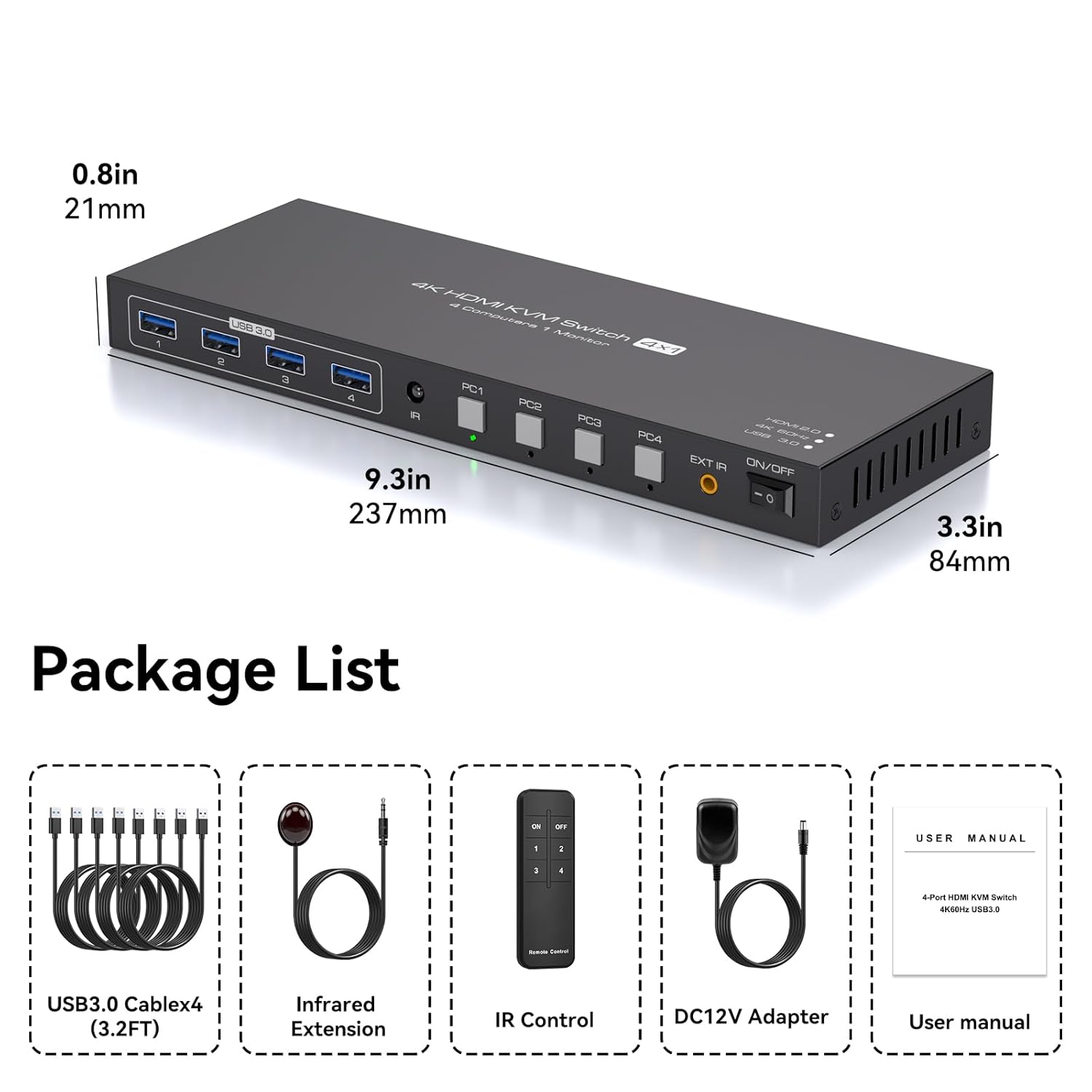 4K60Hz 4 Port HDMI KVM Switch for 4 Computers Sharing 1 Monitor & USB Devices with 4 USB 3.0 Cables and Remote - Image 7