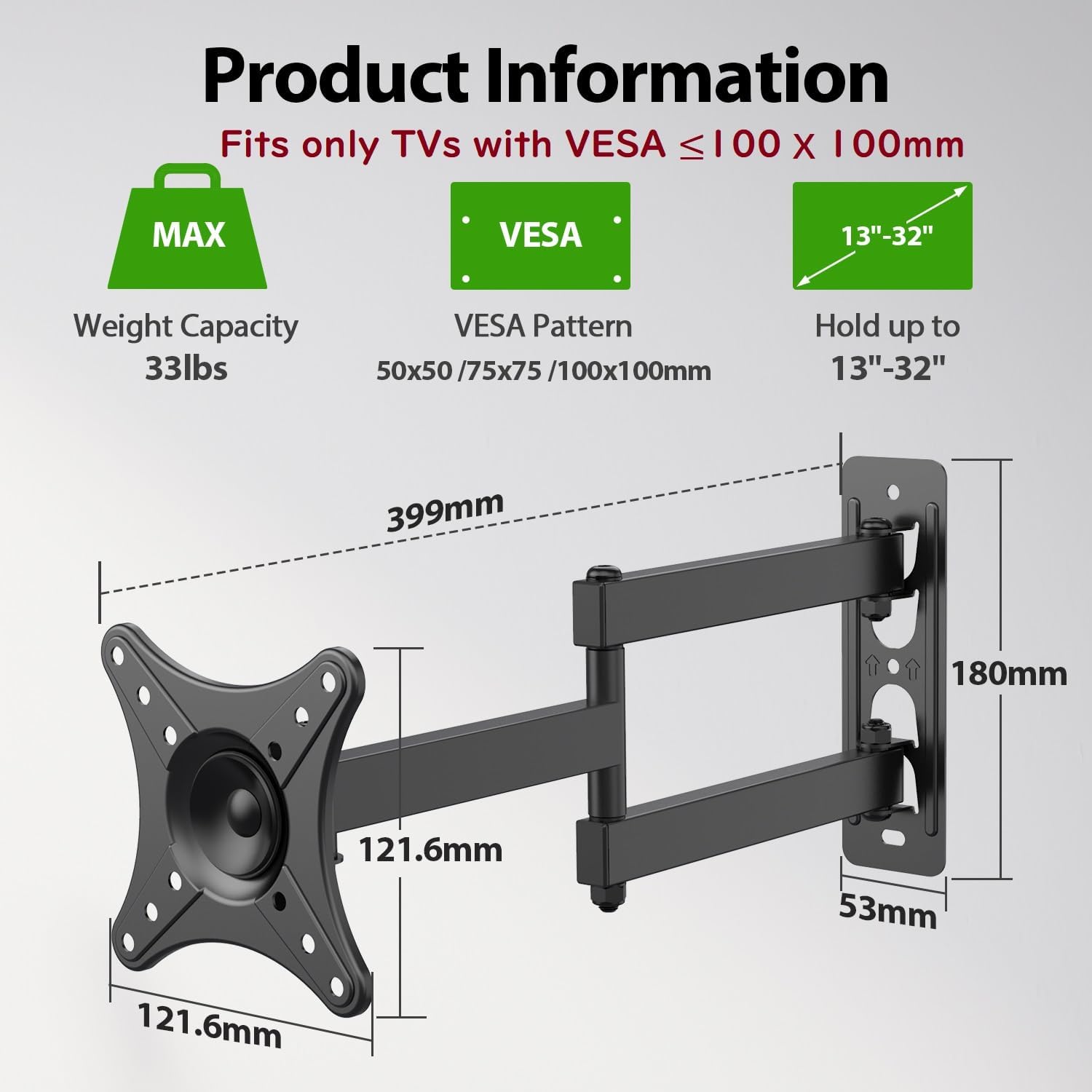 USX MOUNT Single Stud TV Wall Mount for 13-32 Inch TVs, Full Motion Swivel Tilt Articulating Bracket, 33LBS Capacity - Image 2