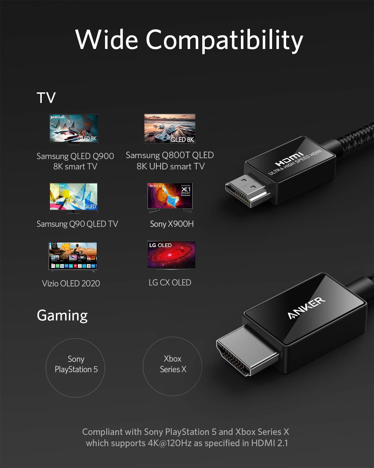 Anker 6.6FT Ultra High Speed HDMI 2.1 Cable Supports 8K@60Hz 4K@120Hz 48Gbps with Dynamic HDR and eARC - Image 6