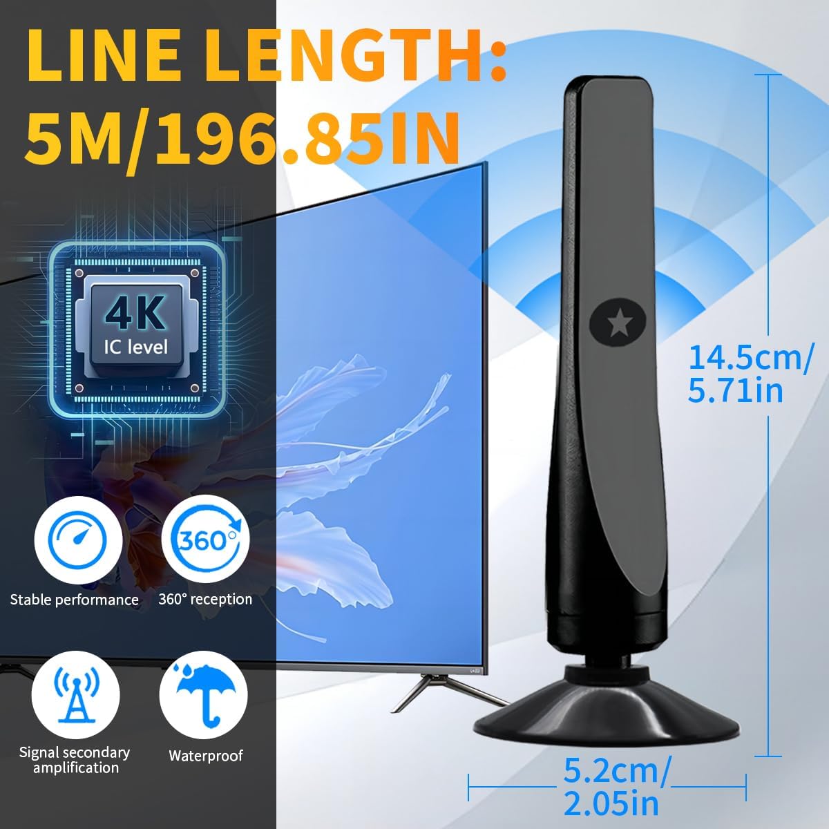 Amplified HD Digital TV Antenna with Signal Booster, 4K 1080p Reception, Black, Includes Coax Cable - Image 2