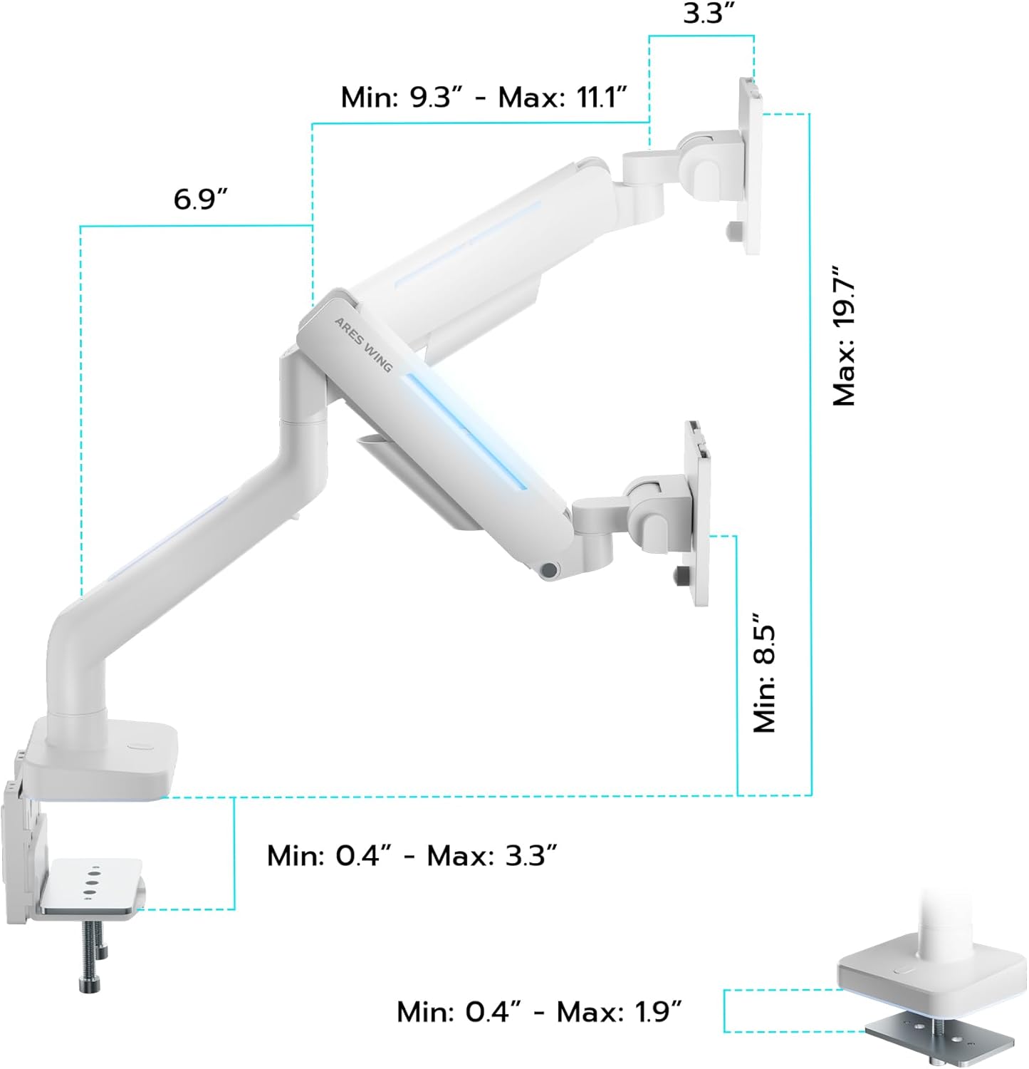 Heavy Duty White Ultrawide Monitor Arm for 17-49 inch Screens, 44lbs Capacity, Gas Spring RGB Gaming Desk Mount - Image 8