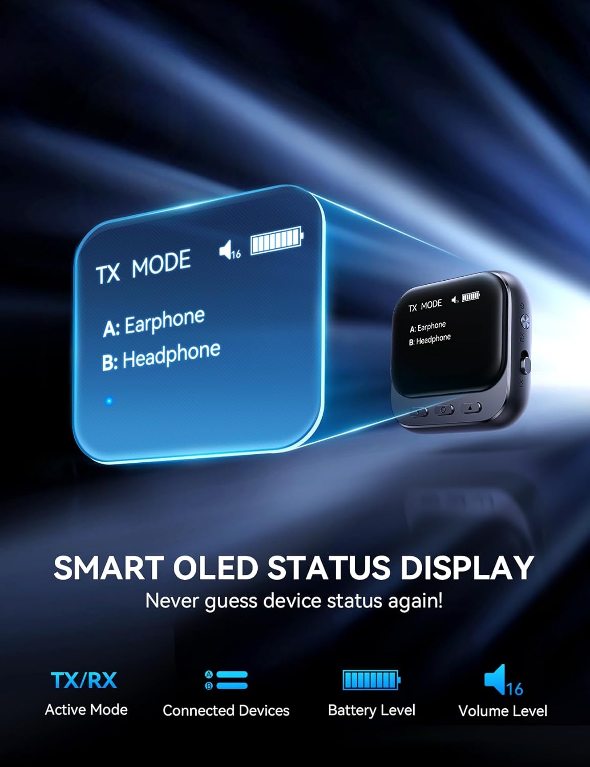 JOYROOM 30-Hour Rechargeable OLED Bluetooth 5.4 Transmitter Receiver for Dual Airpods 400mAh - Image 2