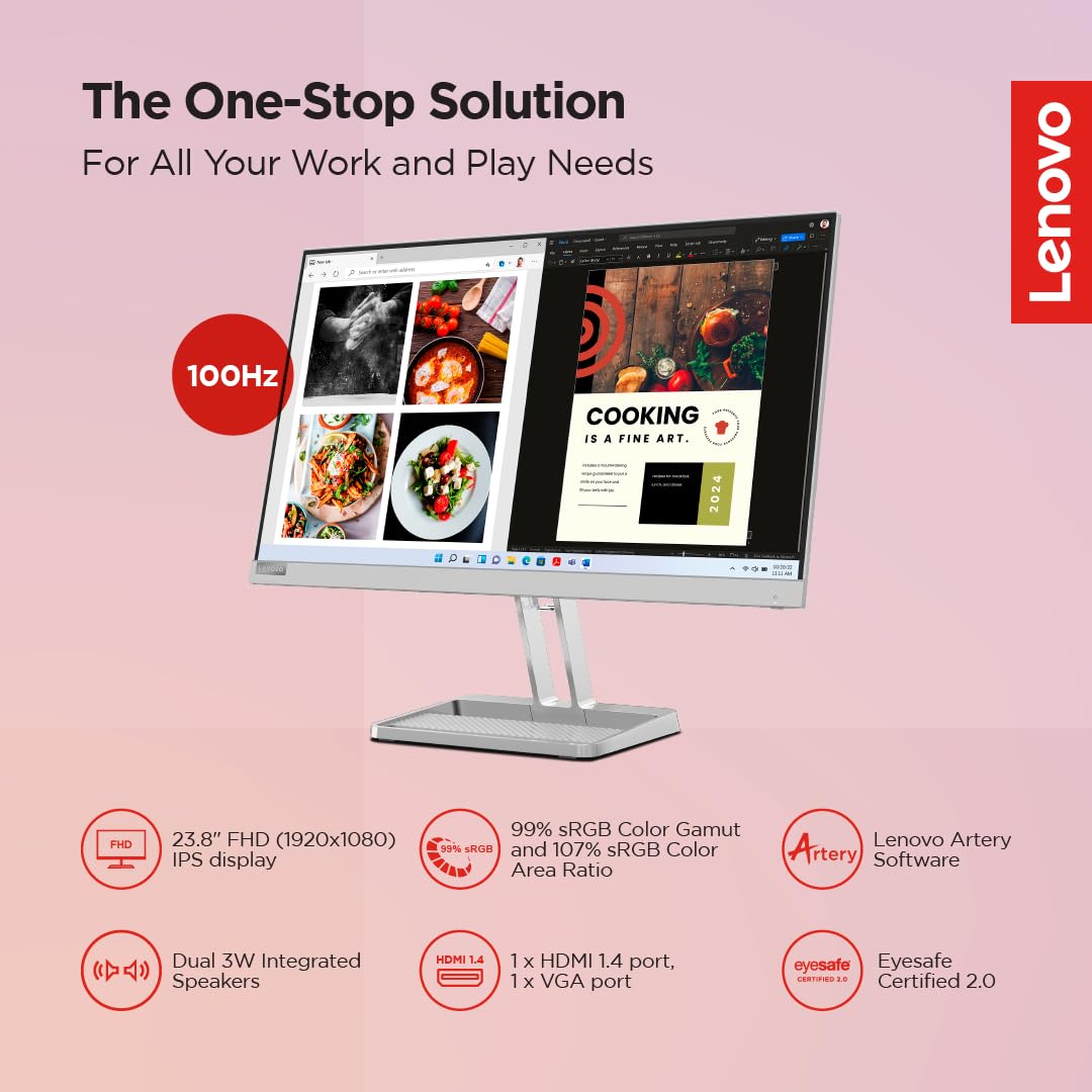 Lenovo L24i-40 24 Inch FHD IPS Ultraslim Monitor 100Hz 99% sRGB HDMI Grey - Image 3