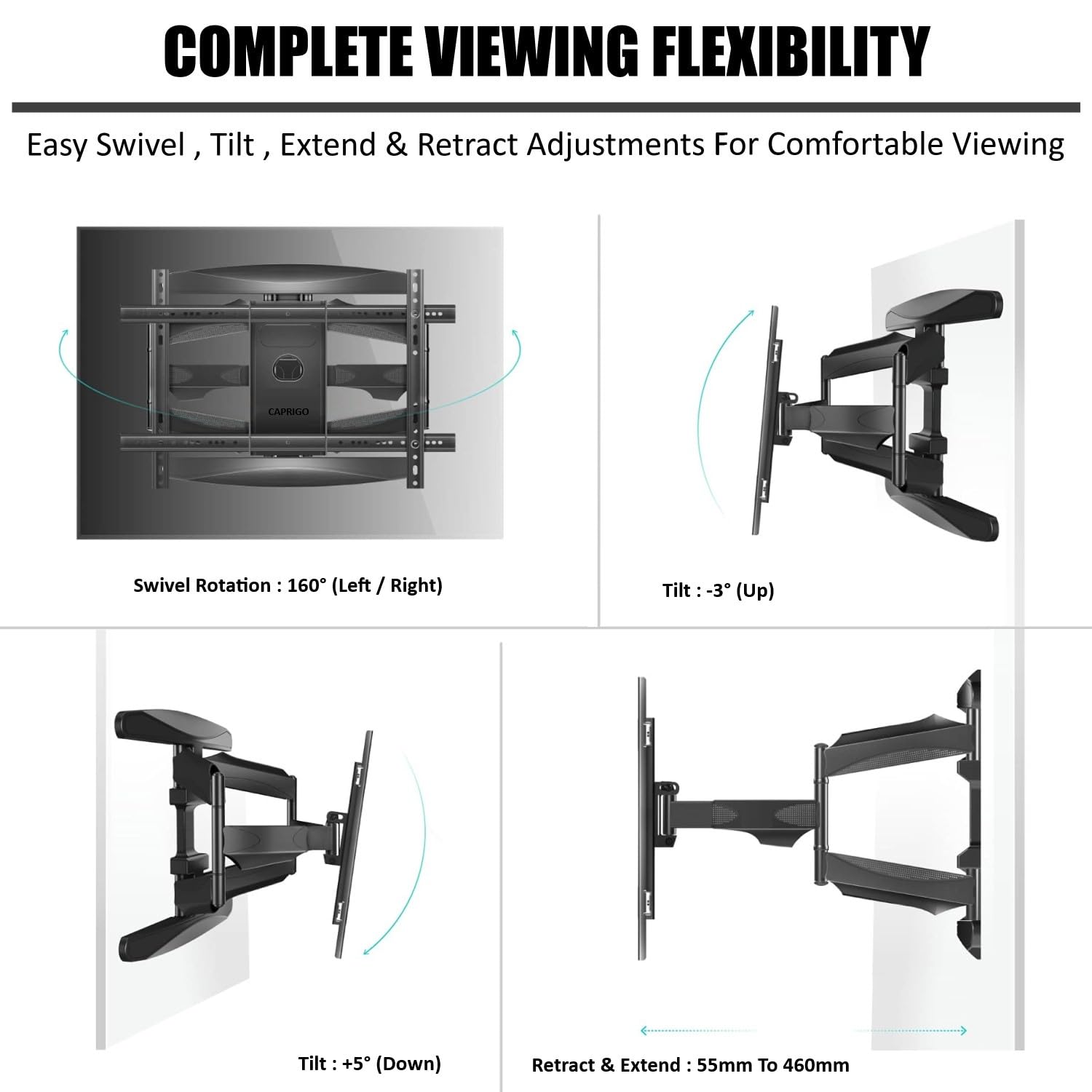Caprigo 55-85 Inch Full Motion Dual Arm Heavy Duty TV Wall Mount Swivel Tilt - Image 4