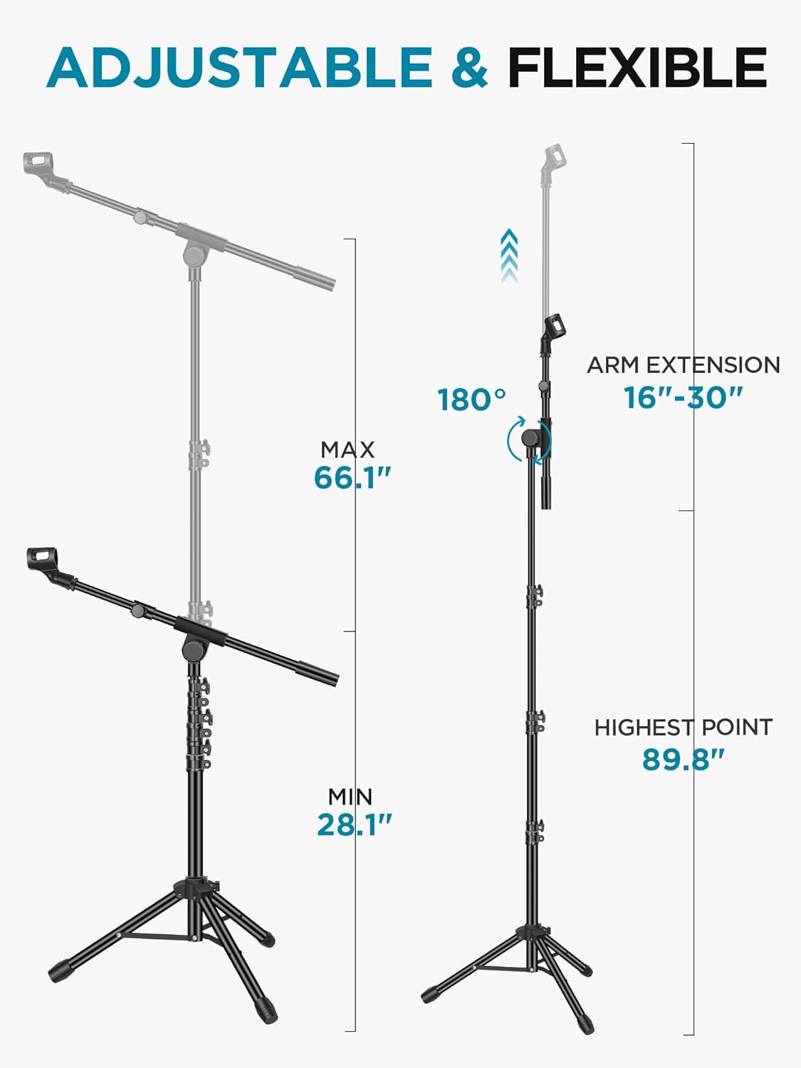 InnoGear Adjustable Heavy Duty Microphone Floor Stand with Carrying Bag, Tripod Boom Arm, Mic Clips, and Adapter for Podcast and Studio Mics - Image 3