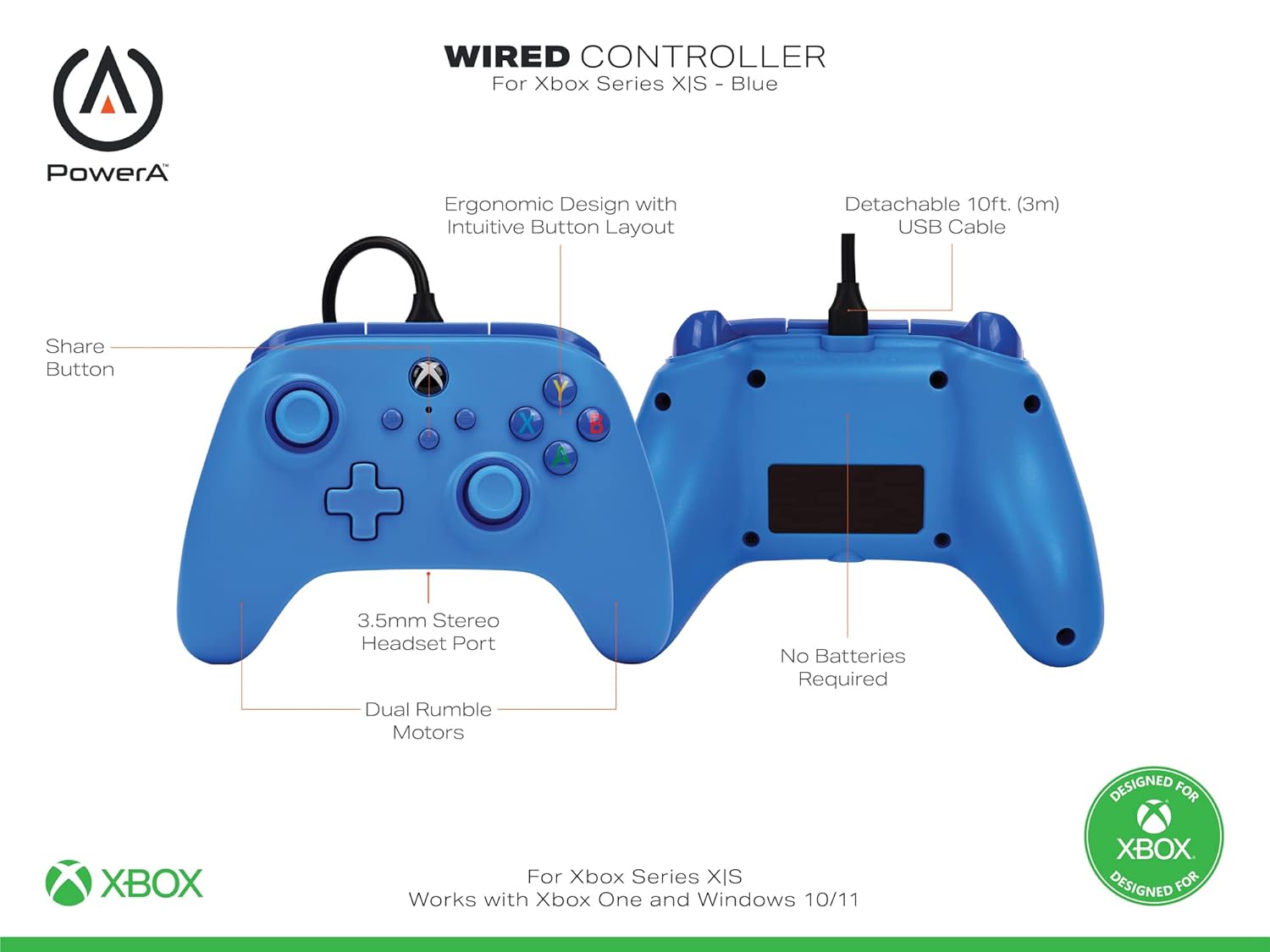 PowerA Wired Controller for Xbox Series X|S Blue 10ft Cable Officially Licensed - Image 3