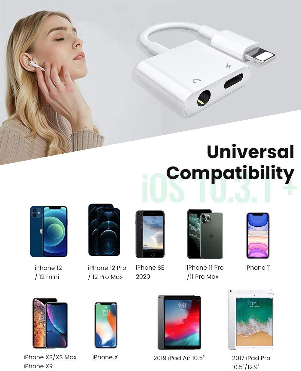 2 Pack Apple MFi Certified Lightning to 3.5mm Headphone Adapter with Charger Port for iPhone 14 to 7 Series - Image 2