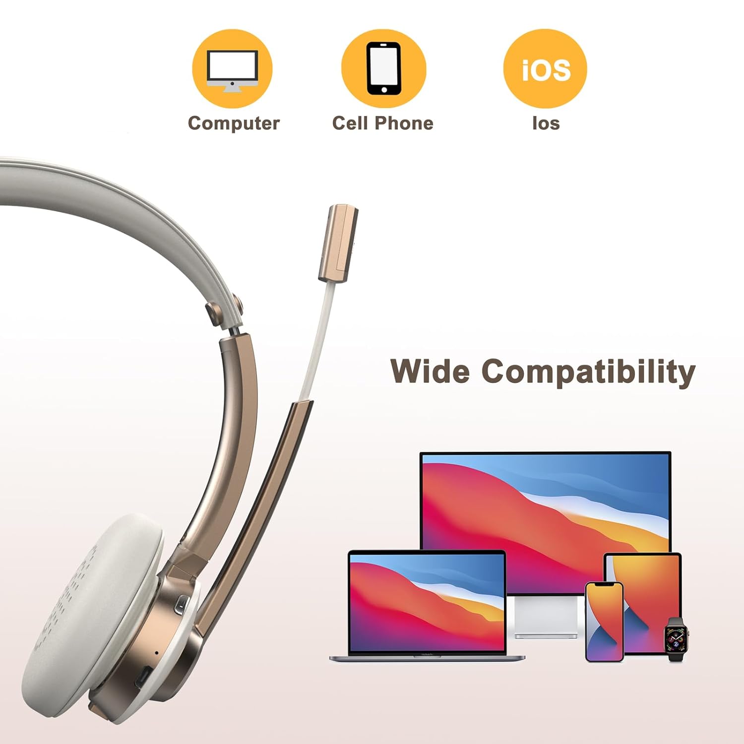 Vonztek Gold On-Ear Bluetooth Headphones with Noise Cancelling Mic, 26 Hours Talktime - Image 6