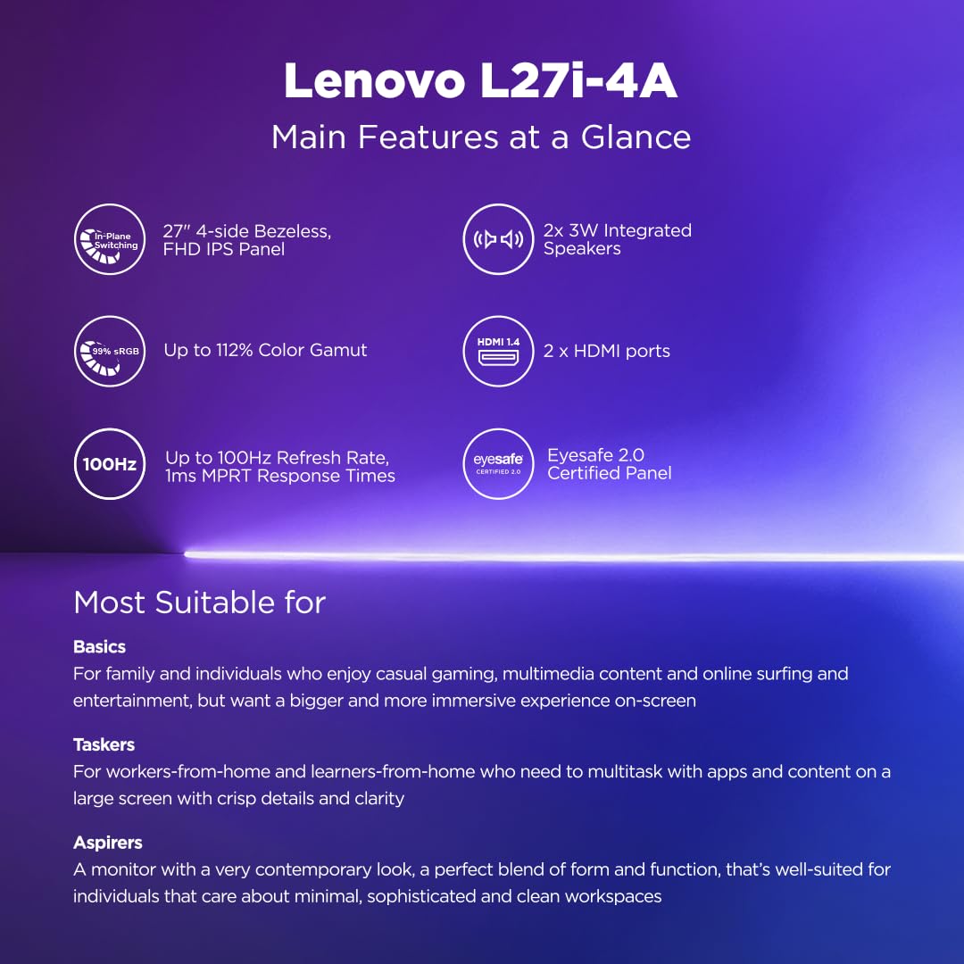 Lenovo L27i-4A 27 Inch FHD IPS 100Hz 1ms FreeSync Monitor Cloud Grey - Image 2