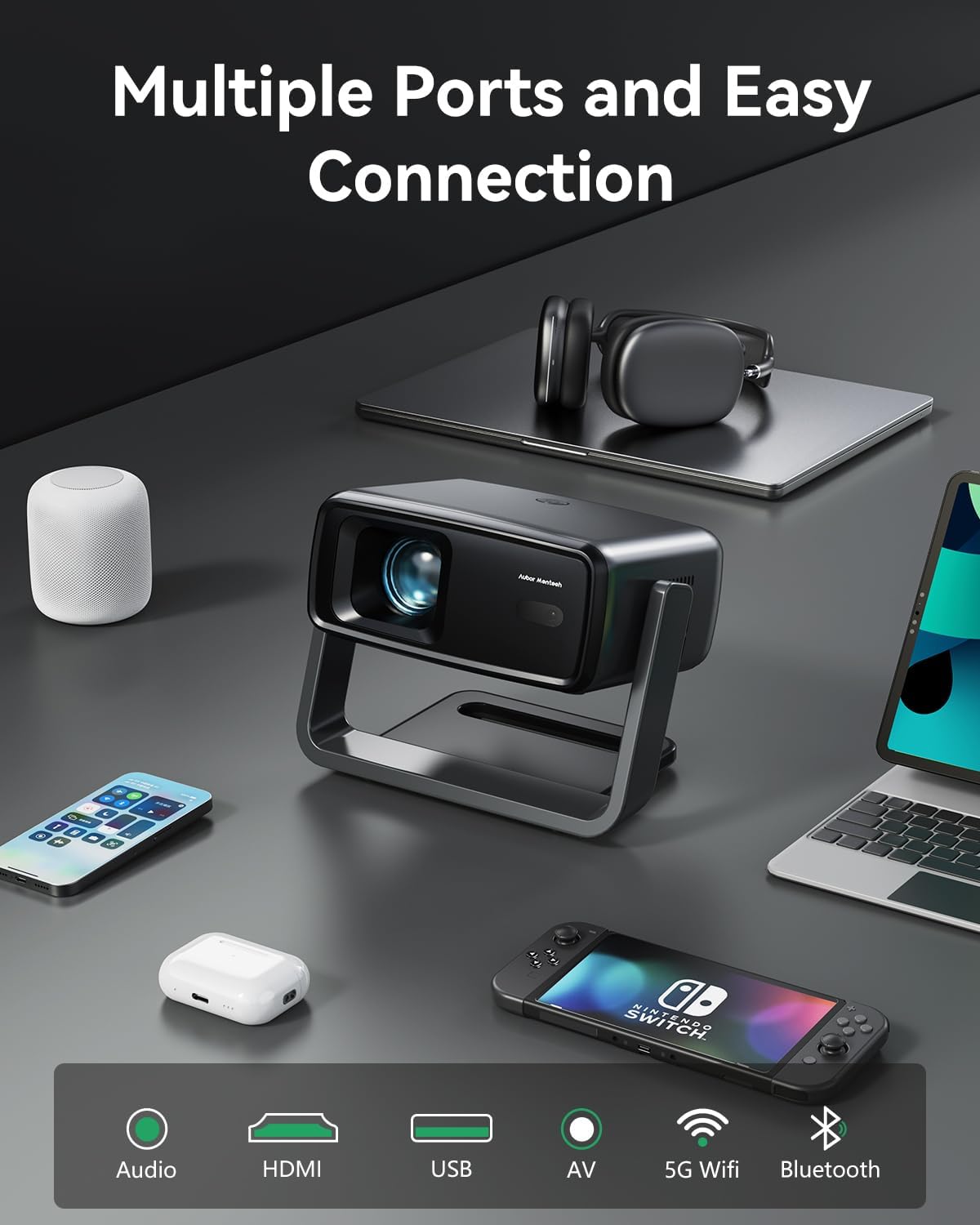 4K Supported Native 1080P Mini Projector WiFi Bluetooth 180° Rotatable Auto Keystone 200" Screen Portable Outdoor Home Theater Smart Projector - Image 9