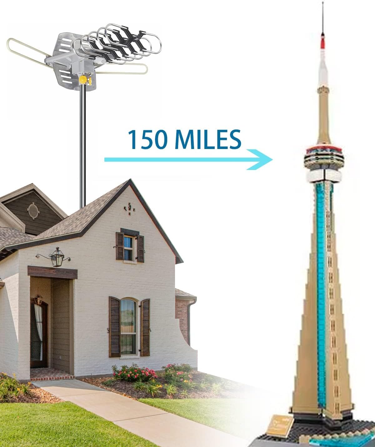 150 Mile Digital Outdoor Amplified HD TV Antenna with 360° Rotation and Wireless Remote Control, Supports 2 TVs - Image 5