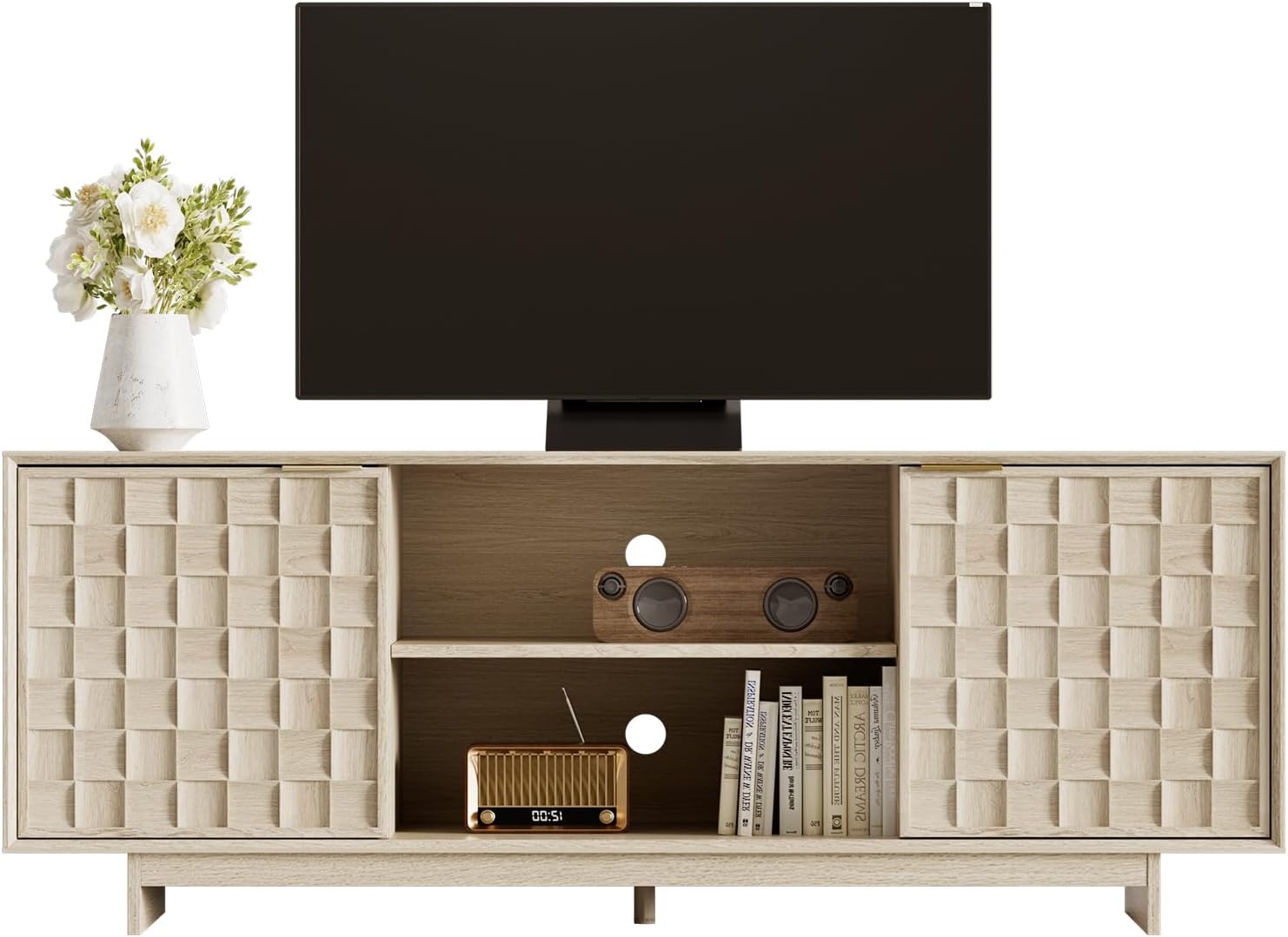 COLAMY 59 Inch Oak Mid-Century Modern TV Stand with Two Doors and Adjustable Shelves for 50-65 Inch TVs - Image 11