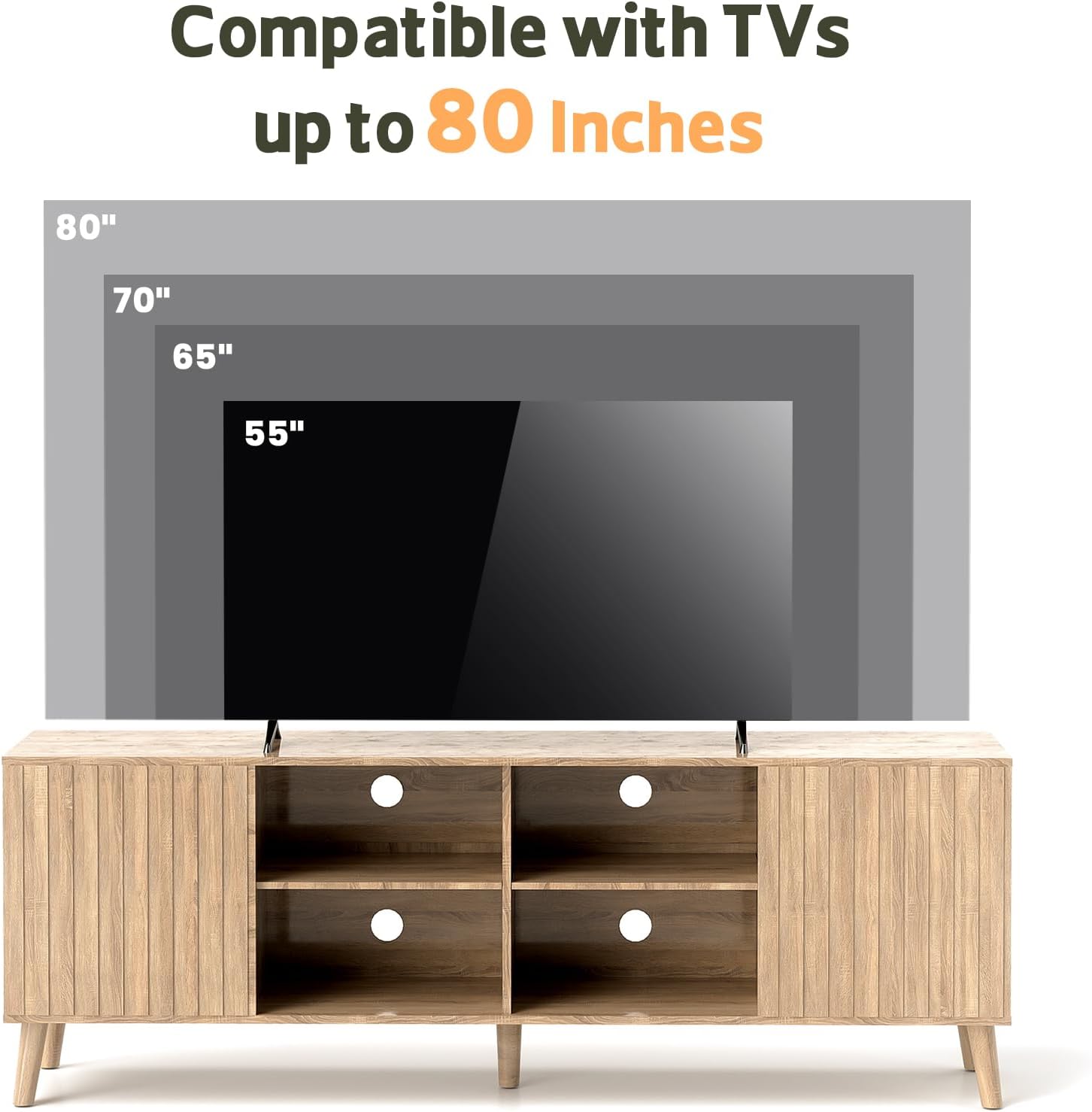 Mid-Century Modern Fluted Oak TV Stand Entertainment Center for 80-inch TVs with Adjustable Storage Shelves - Image 2