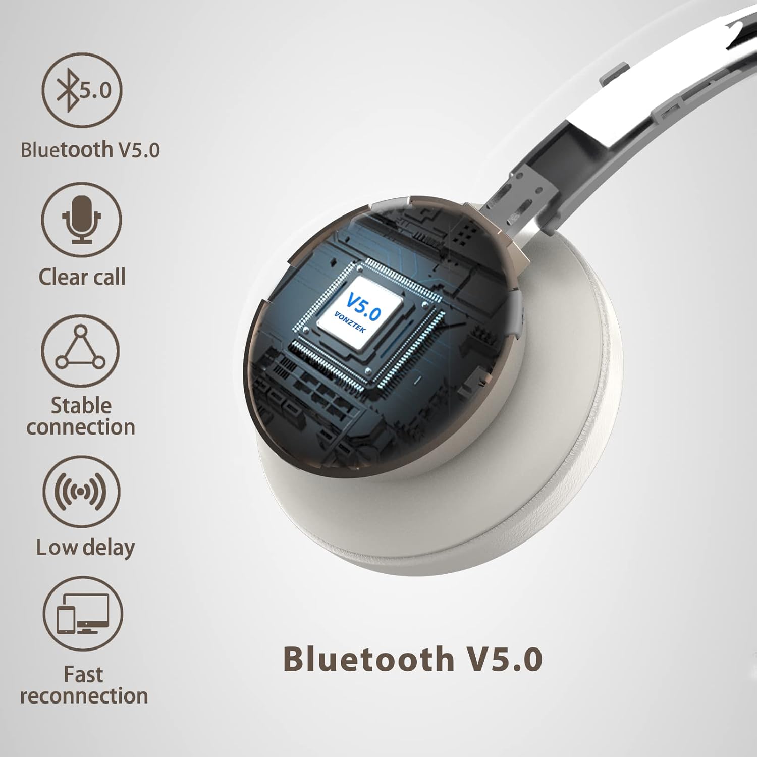 Vonztek Gold On-Ear Bluetooth Headphones with Noise Cancelling Mic, 26 Hours Talktime - Image 2