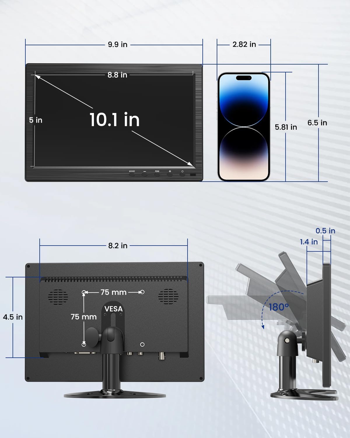 Eyoyo 10.1 Inch HD Security Monitor 1366x768, HDMI VGA AV BNC USB Input, Built-in Speakers - Image 6