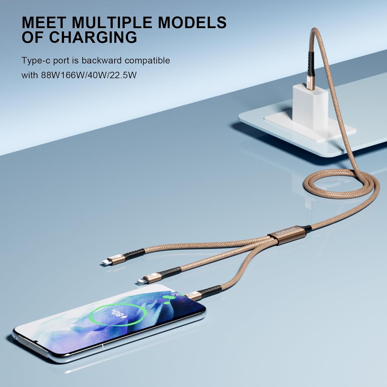 100W USB C to 3-in-1 Nylon Braided Charging Cable for iPhone, Galaxy, and More - Image 4