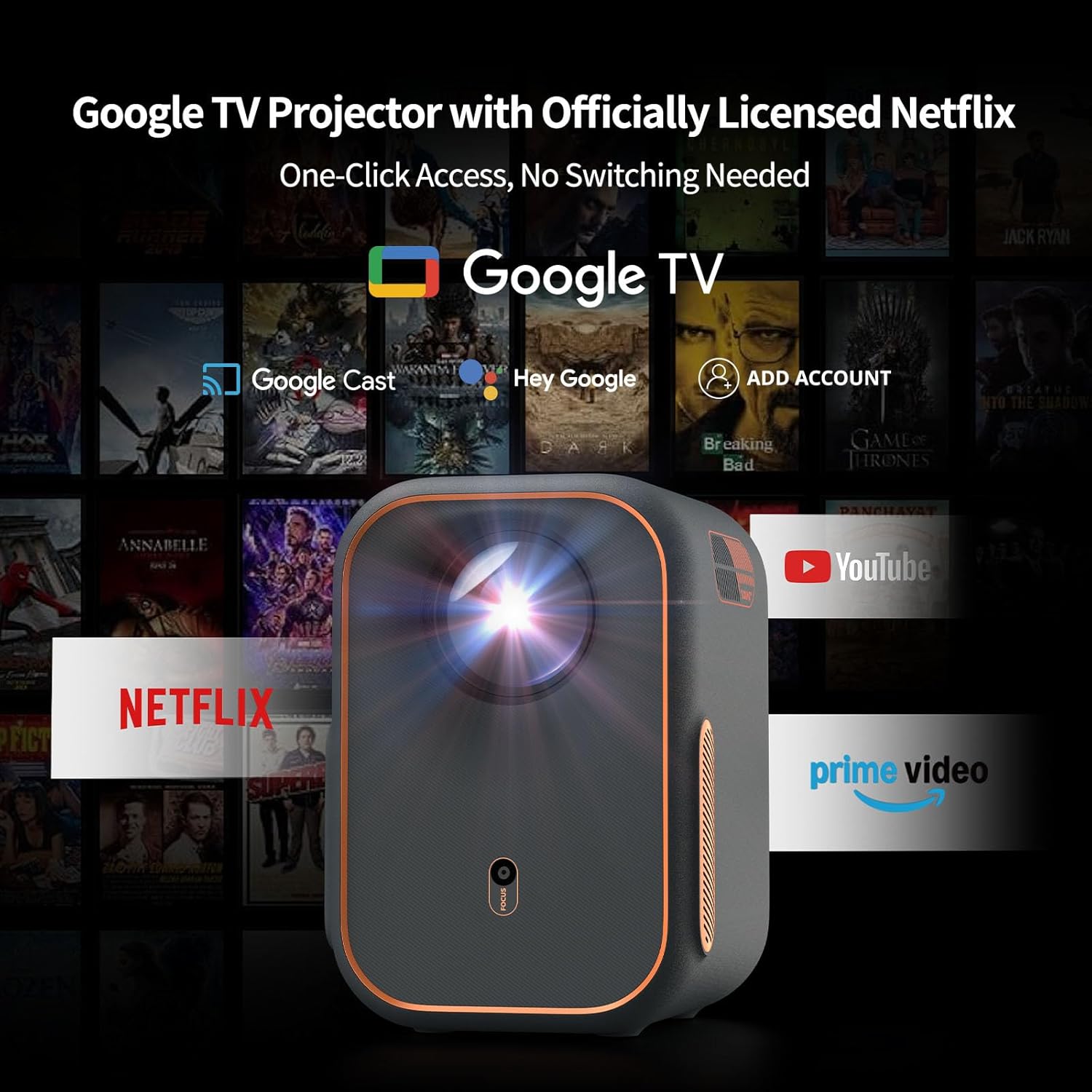 WEMAX 4K Google TV Mini Projector, Officially Licensed Netflix, Wifi Bluetooth, 1080P Full HD, 120" Display - Image 2