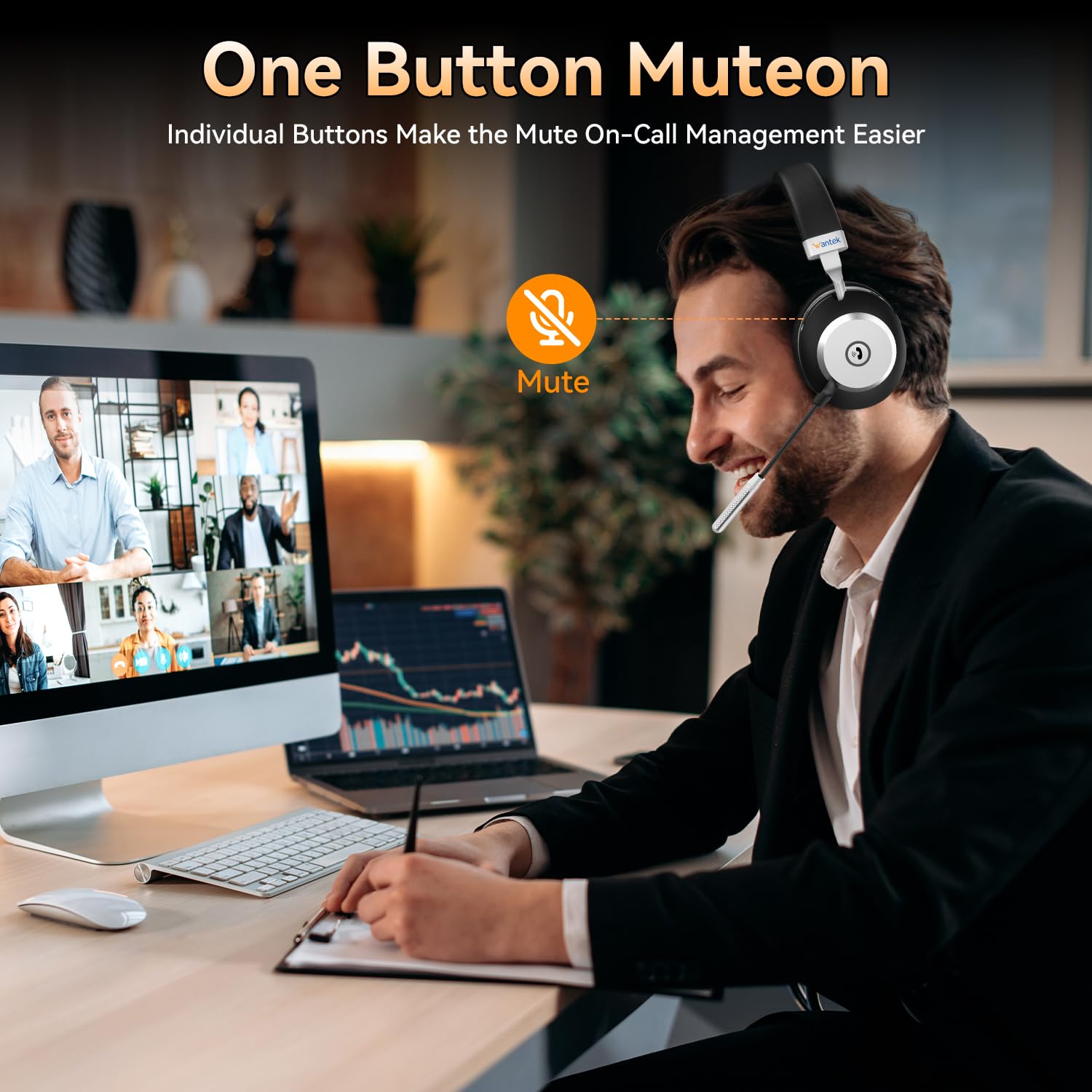 60-Hour Battery Bluetooth Wireless Headset with AI Noise Cancelling Microphone for Office & Remote Work - Image 5