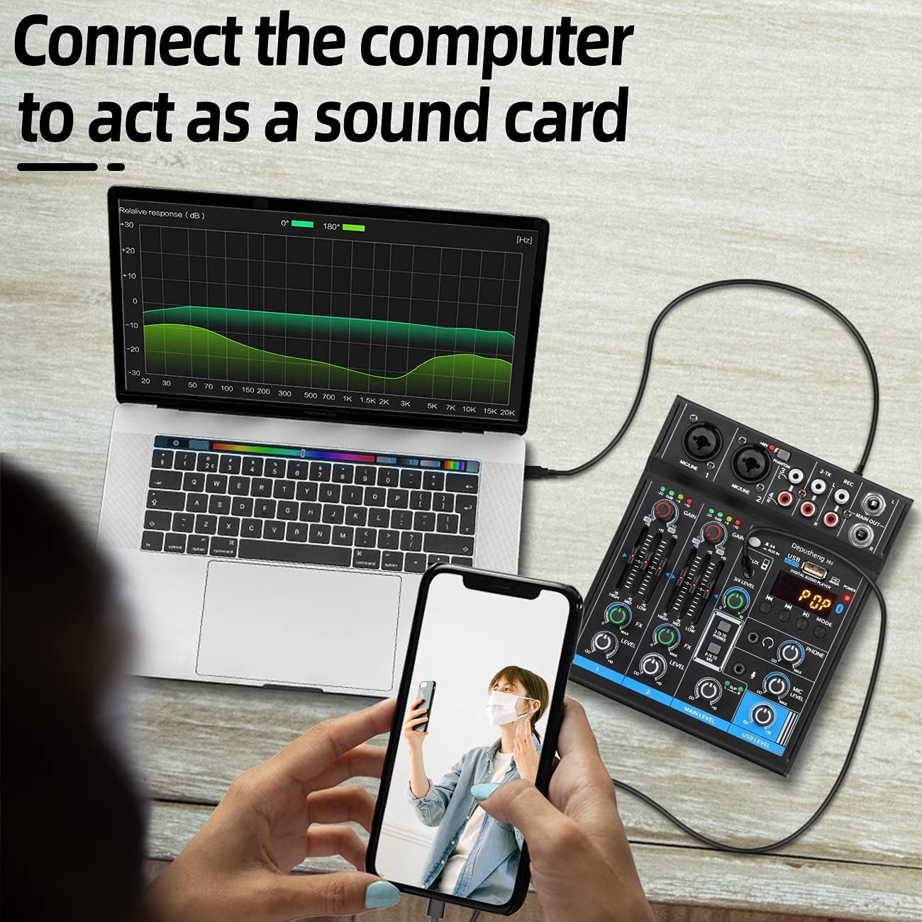 Depusheng M4 Black 4-Channel USB DJ Mixer with Bluetooth and Sound Card for PC Recording - Image 4