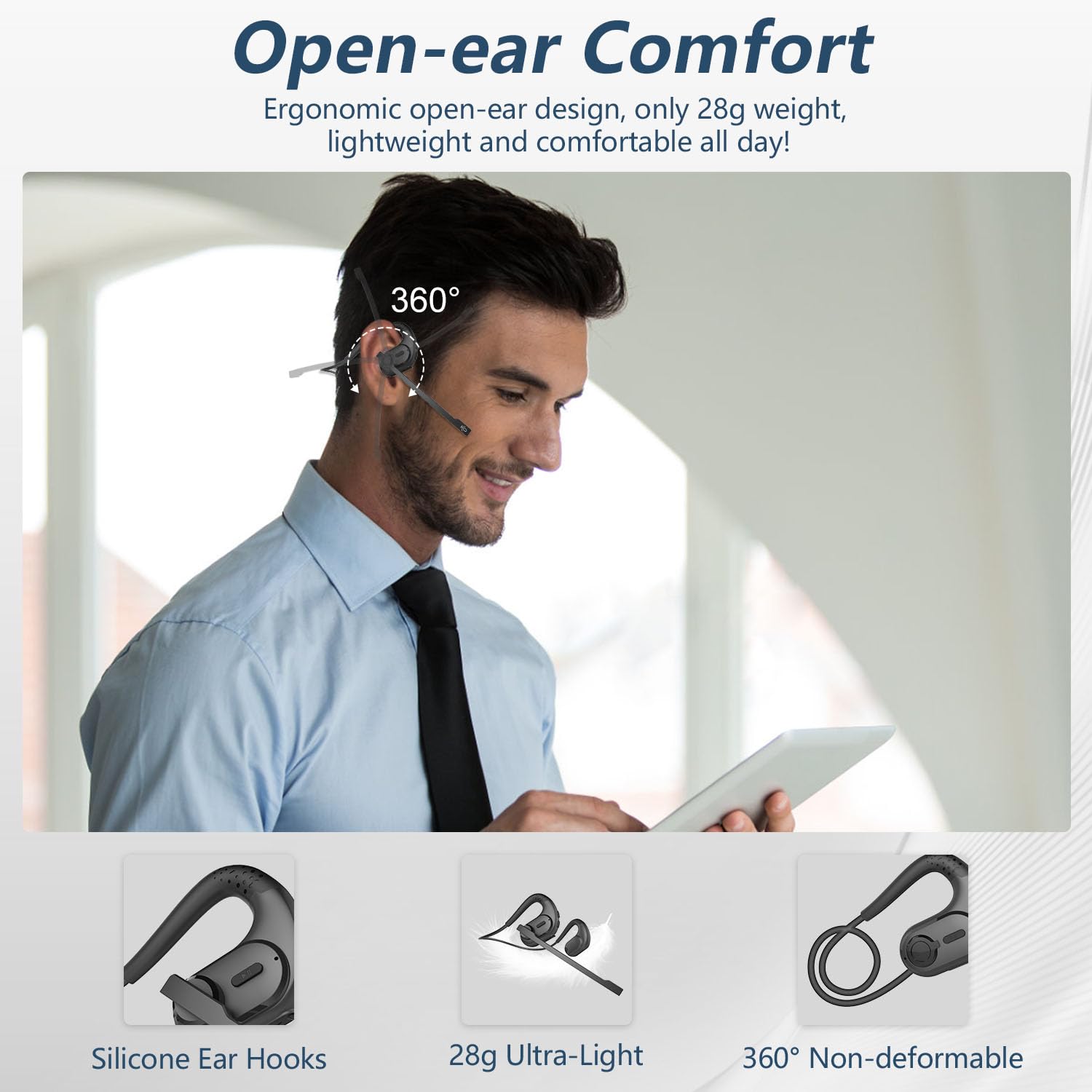 BANIGIPA Open Ear Bluetooth Headphones with Removable Mic, 12 Hr Battery, Noise Cancelling Wireless for Work, Sports, Calls - Image 2