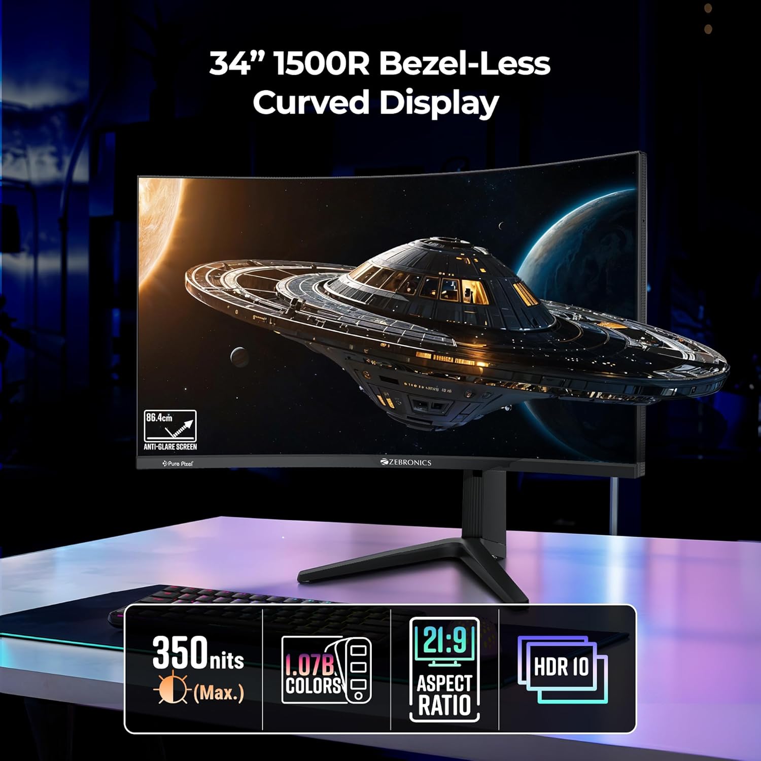 Zebronics N34A 34 Inch 1500R Curved Ultrawide WQHD Gaming Monitor 180Hz 1ms MPRT HDR10 - Image 5