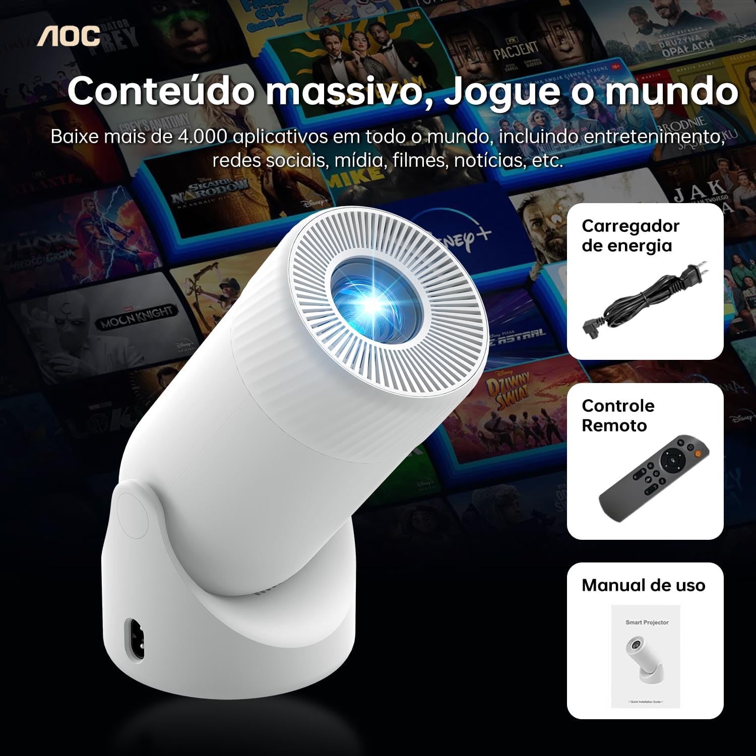 AOC Smart Mini Projector WiFi Bluetooth Full HD 4K Support 220 ANSI Lumens 180° Rotation - Image 8