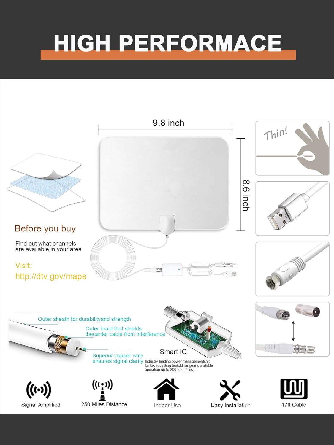 Amplified HD Digital TV Antenna Indoor 2025 Upgraded 900 Miles Range Supports 4K 1080p White - Image 4