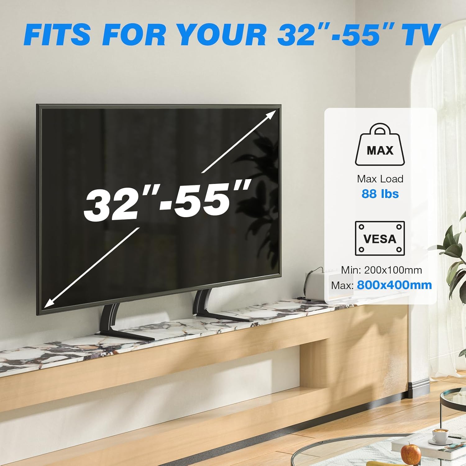 Rfiver Adjustable Universal TV Stand for 32-55 Inch TVs, Black, 88 lbs Capacity - Image 2