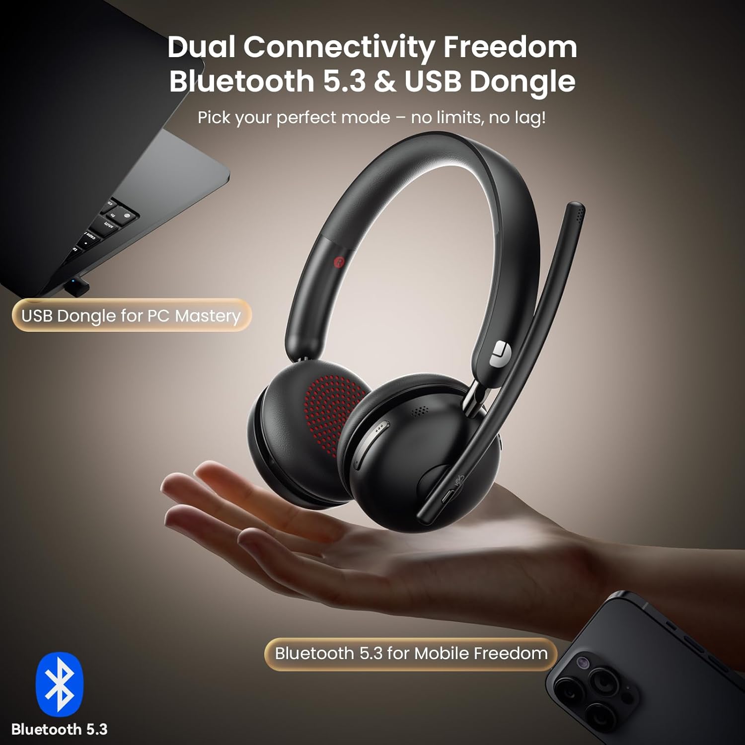 Dytole AI Noise Cancelling Bluetooth 5.3 Wireless Headset with Mic, 65H Battery, USB Dongle for PC, Call Center, Computer, Laptop, Teams - Image 3