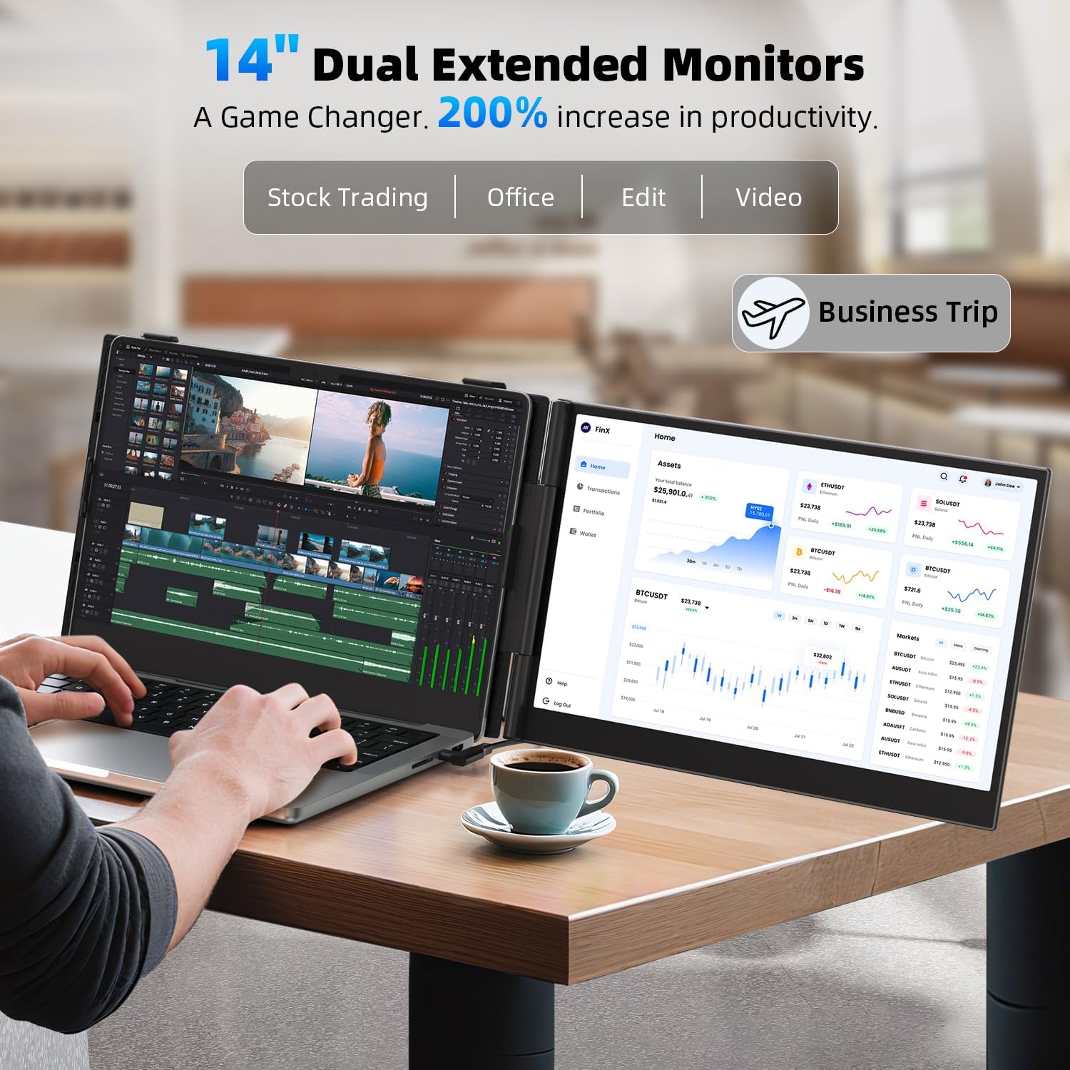 14 Inch FHD 1080P Dual Laptop Screen Extender Ultra Thin Portable 1.3lbs Plug and Play USB-C HDMI Travel Display for 13-17 Inch Laptops - Image 2