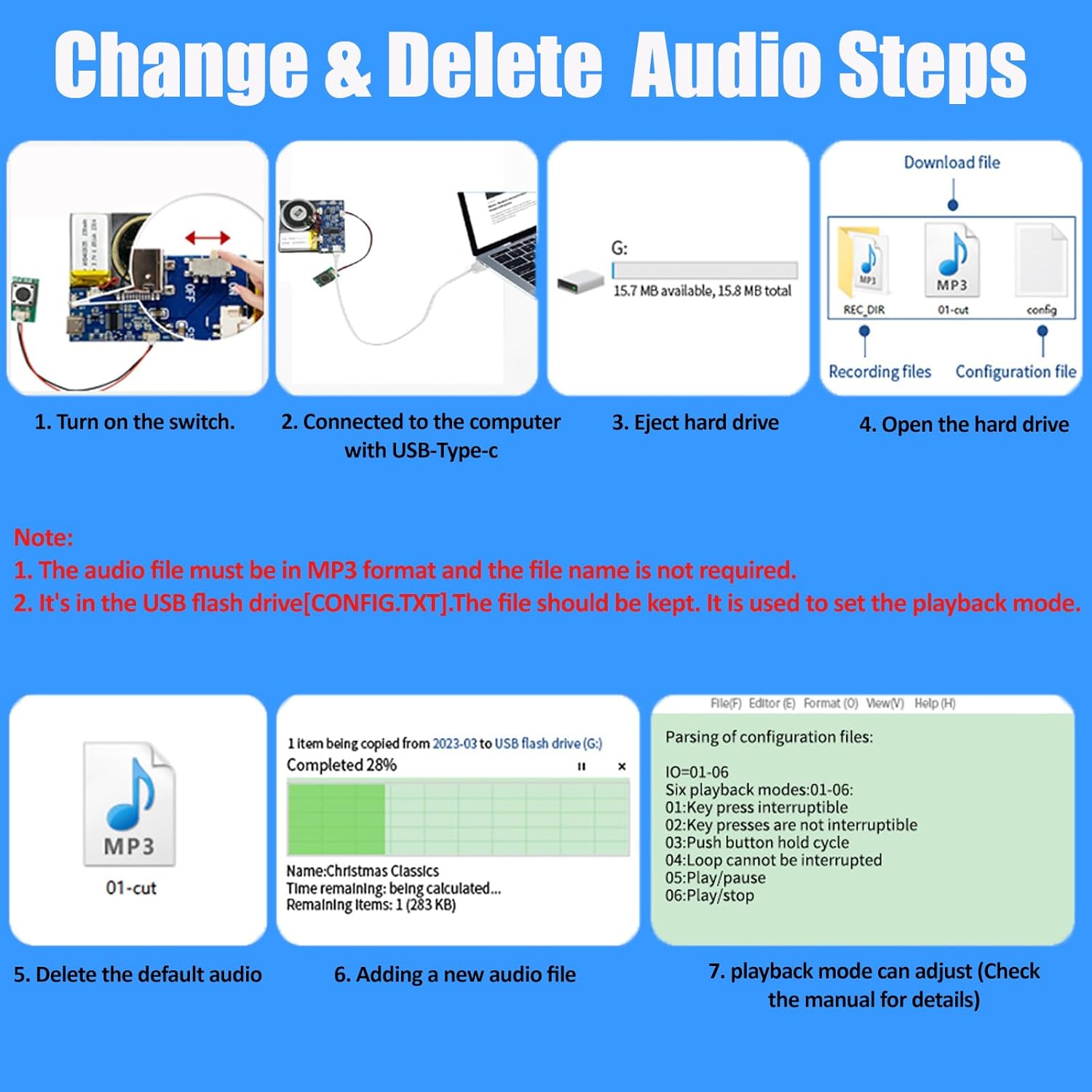 16MB Push Button Activated Sound Module with Speaker, Type-C, 16 Min Record, Blue 2-Pack - Image 6