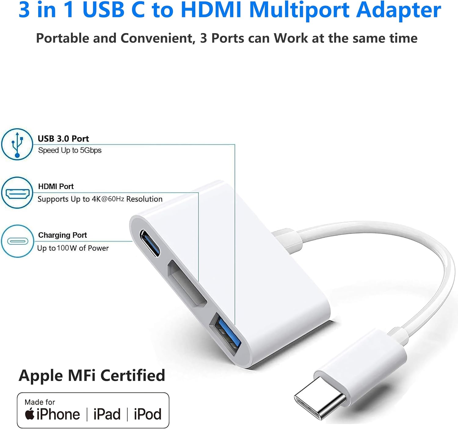 Apple MFi Certified 7-in-1 USB-C Hub Adapter 4K HDMI 60Hz USB-A 3.0 100W PD for MacBook iPhone iPad Samsung - Image 2
