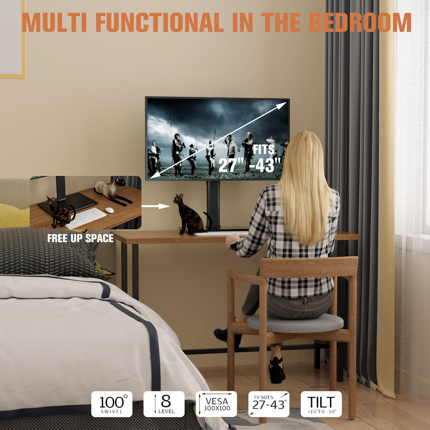 Adjustable Freestanding Monitor Stand for 27-43 Inch Curved Screens Tempered Glass Base 77lbs Capacity - Image 7