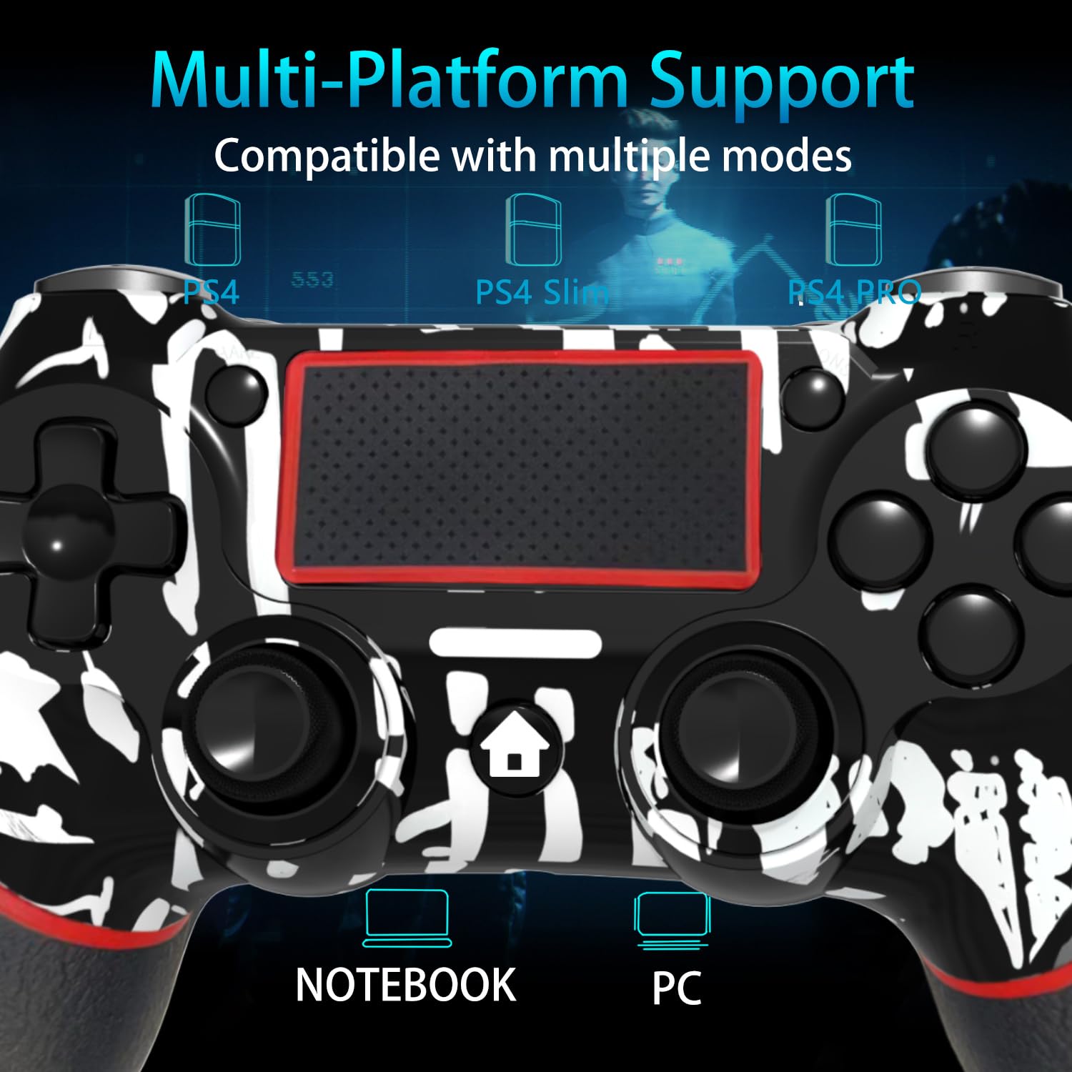 SZYUYU Wireless Controller for PS4 Slim Pro PC Black Skull 3.5mm Audio Jack Six Axis - Image 6