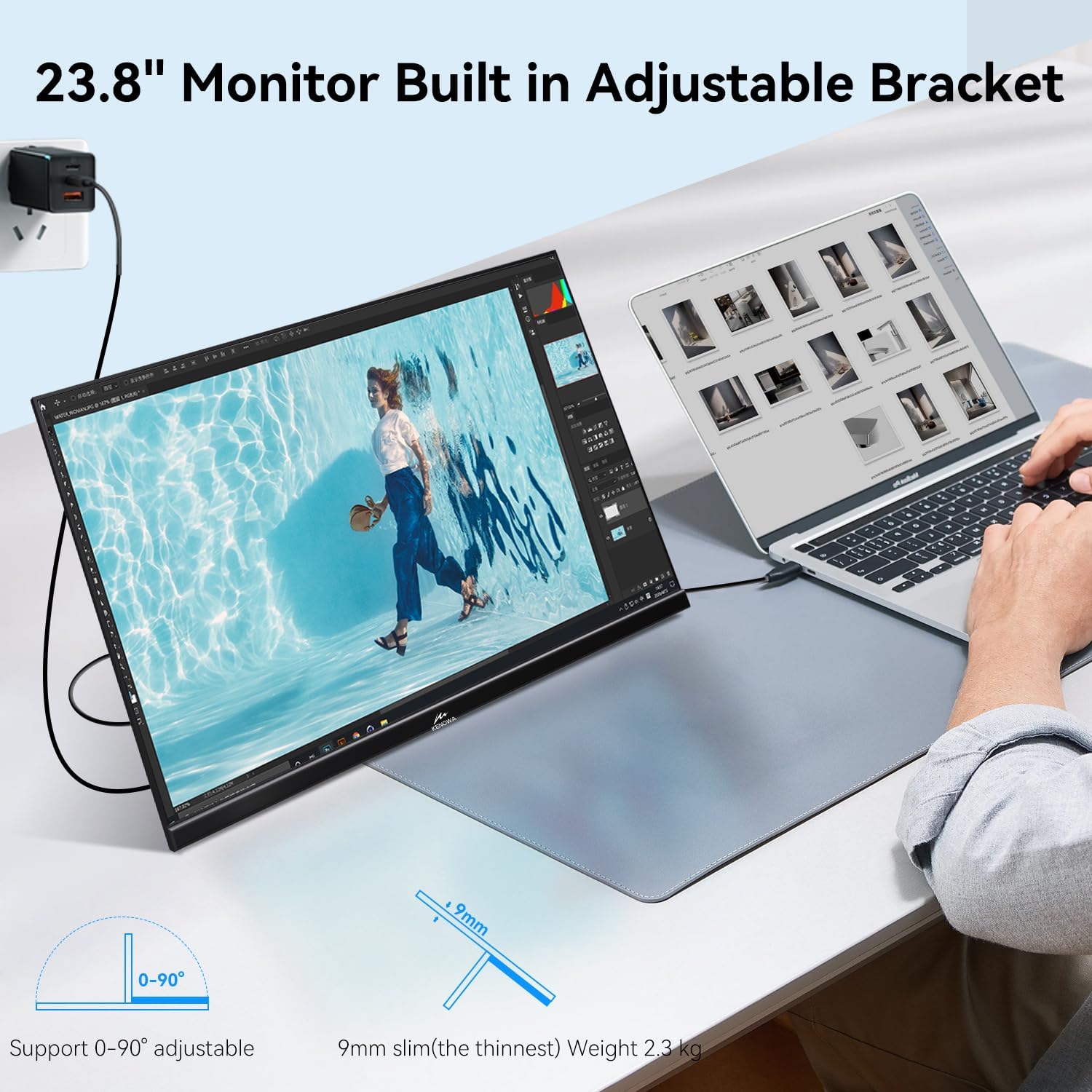 Kenowa 23.8 Inch FHD 1080P Portable IPS Monitor 100Hz Freesync Gaming with Type-C HDMI Dual Speakers Adjustable Stand - Image 7