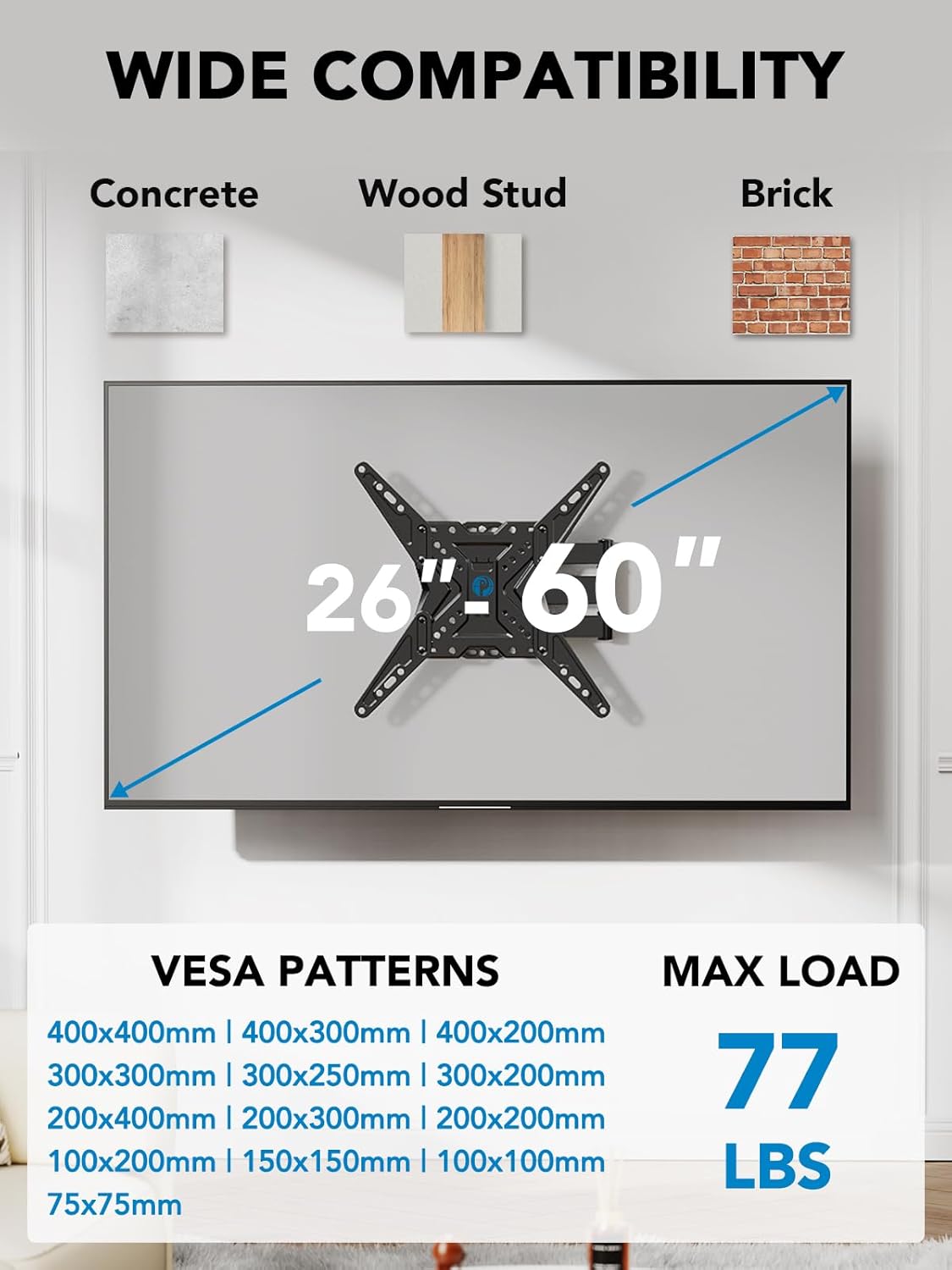 Pipishell Full Motion Articulating TV Wall Mount for 26-60 Inch TVs, Single Stud, Swivel Tilt Extension, 77 lbs Capacity, Max VESA 400x400mm - Image 6