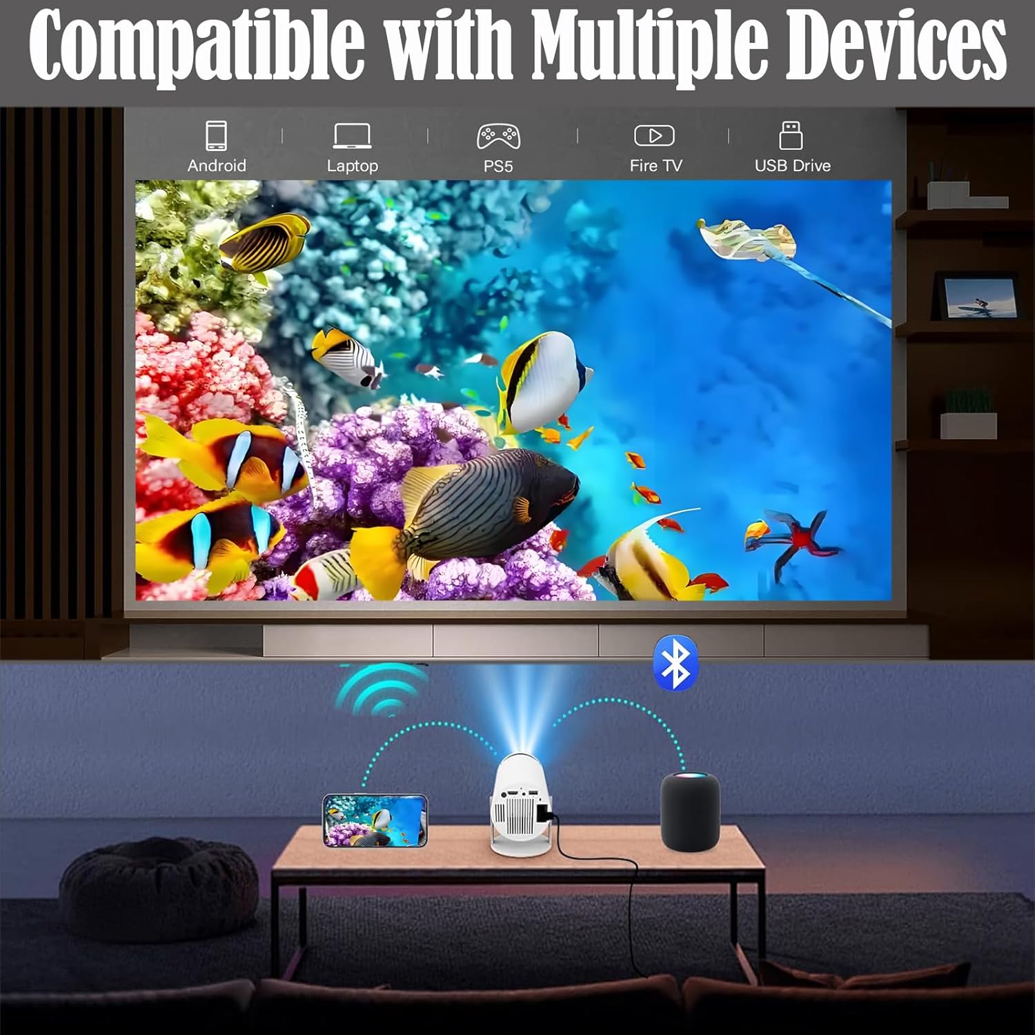 Adorezyp Portable Mini Projector 1080P WIFI Bluetooth 5.2 White Outdoor Movies - Image 2