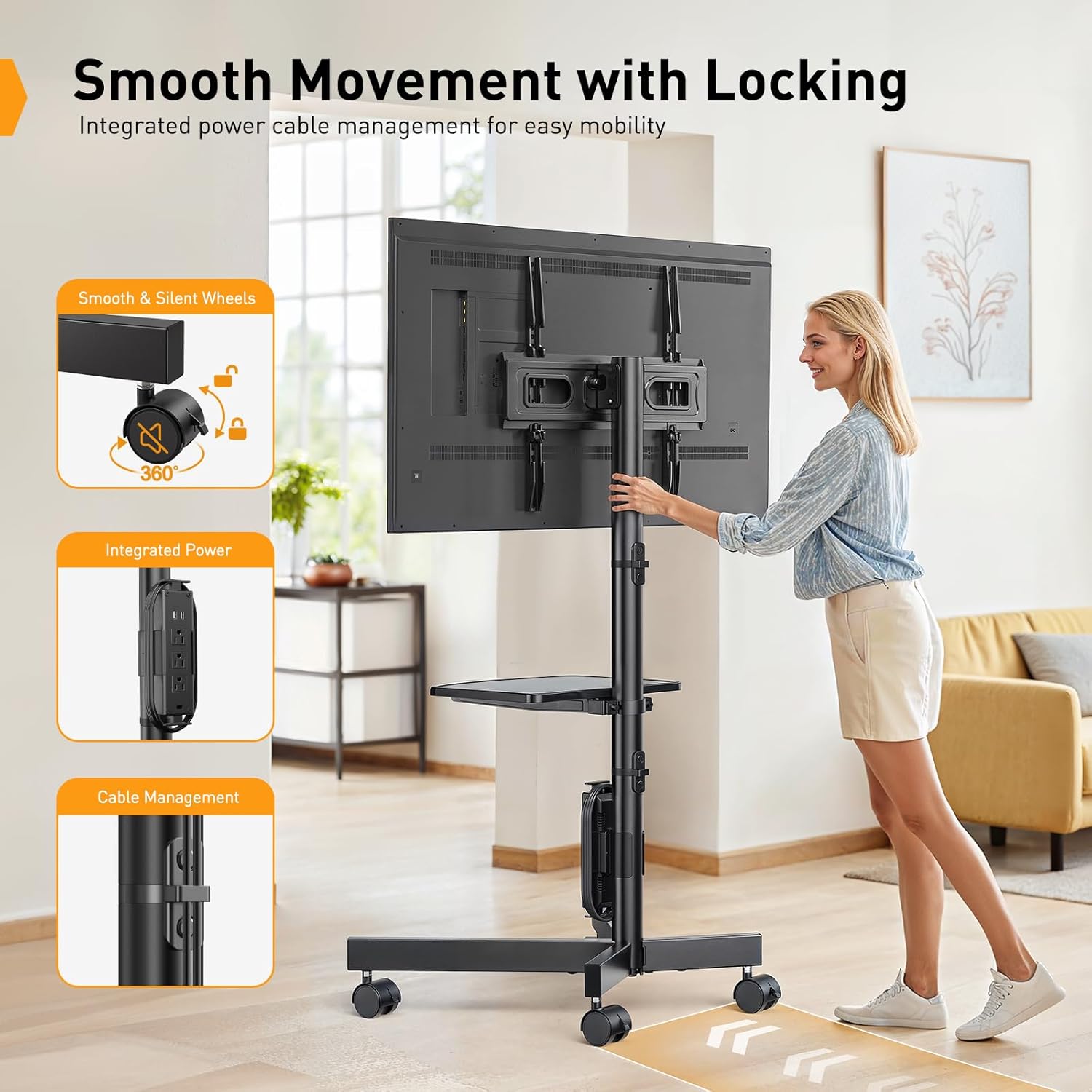 Perlegear Rolling TV Cart with Integrated Power, Adjustable Height, for 23-60 Inch TVs - Image 3