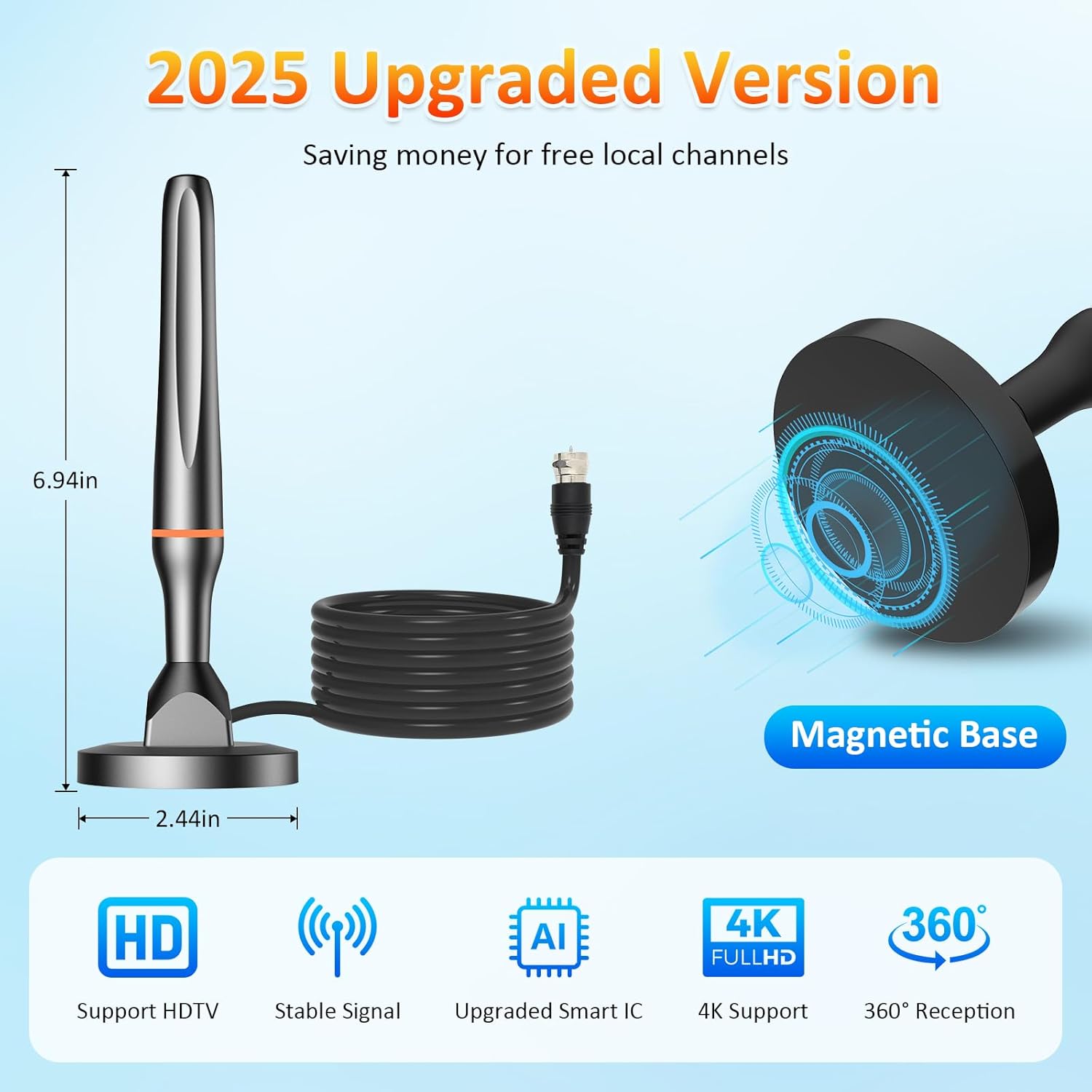 Smart TV Indoor Digital Antenna with Magnetic Base for 4K 1080p Local Channels 10FT Cable Dark Orange - Image 3