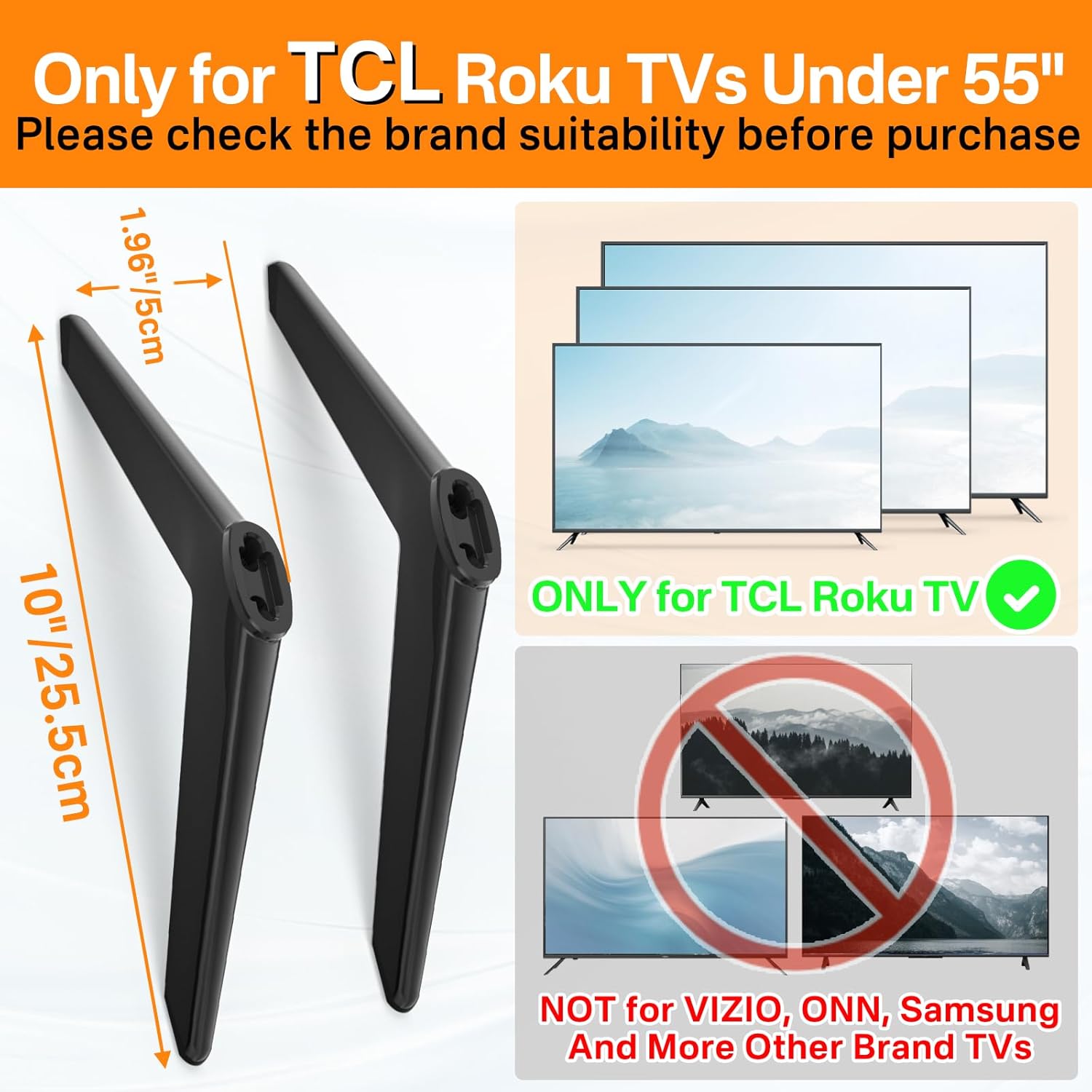 TCL Roku TV Replacement Legs Base Stand for 32-55 Inch TVs, Hole-Free Installation Kit Included - Image 2