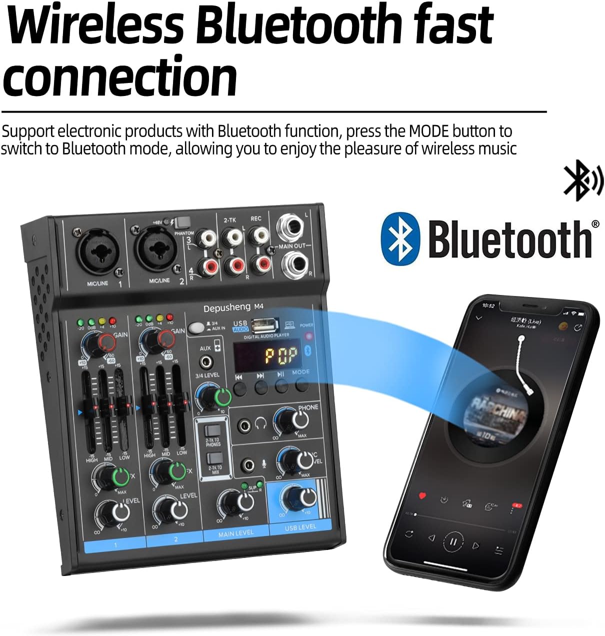 Depusheng M4 Black 4-Channel USB DJ Mixer with Bluetooth and Sound Card for PC Recording - Image 6