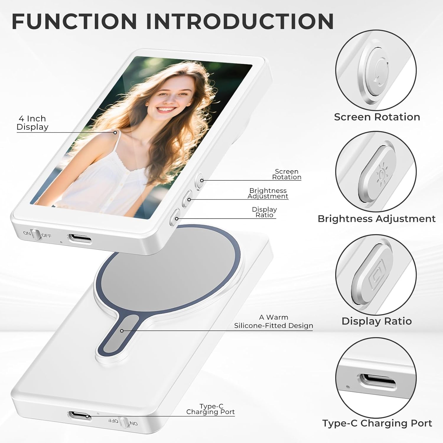 Magnetic Wireless Selfie Monitor Screen for iPhone Android, 1800mAh, Bluetooth Remote, 3-Level Brightness, White - Image 6