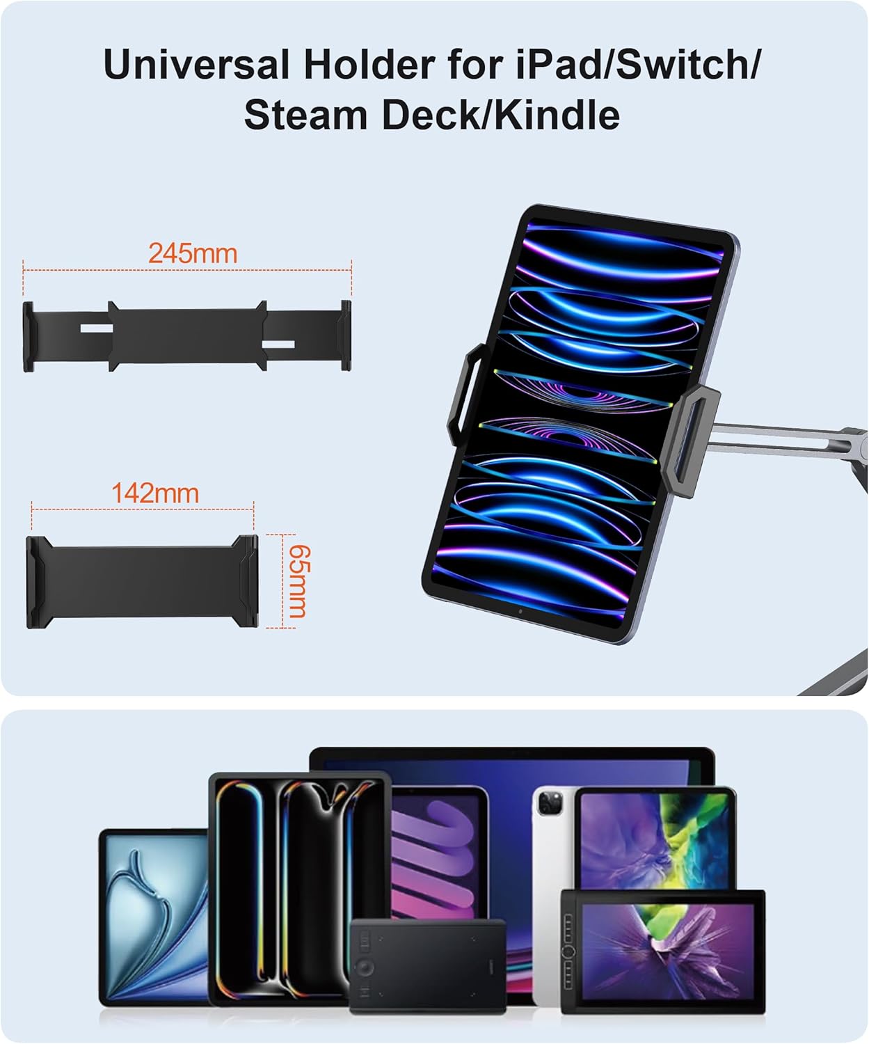 Heavy Duty Aluminum 360° Rotating Tablet Arm Mount Holder with Super Grip - Gray, Foldable Clamp for iPad, Phone, Monitor, Kindle - Image 7