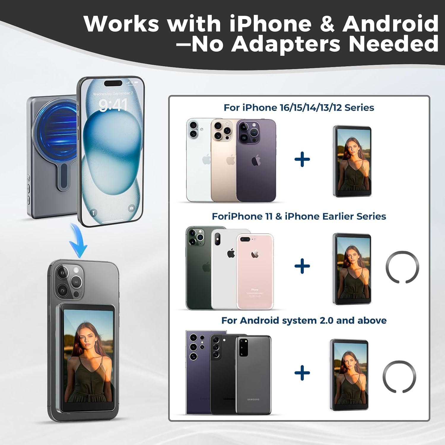 Magnetic Selfie Monitor Screen for iPhone Android 1800mAh Bluetooth Remote 3-Level Brightness Wide Screen - Image 2